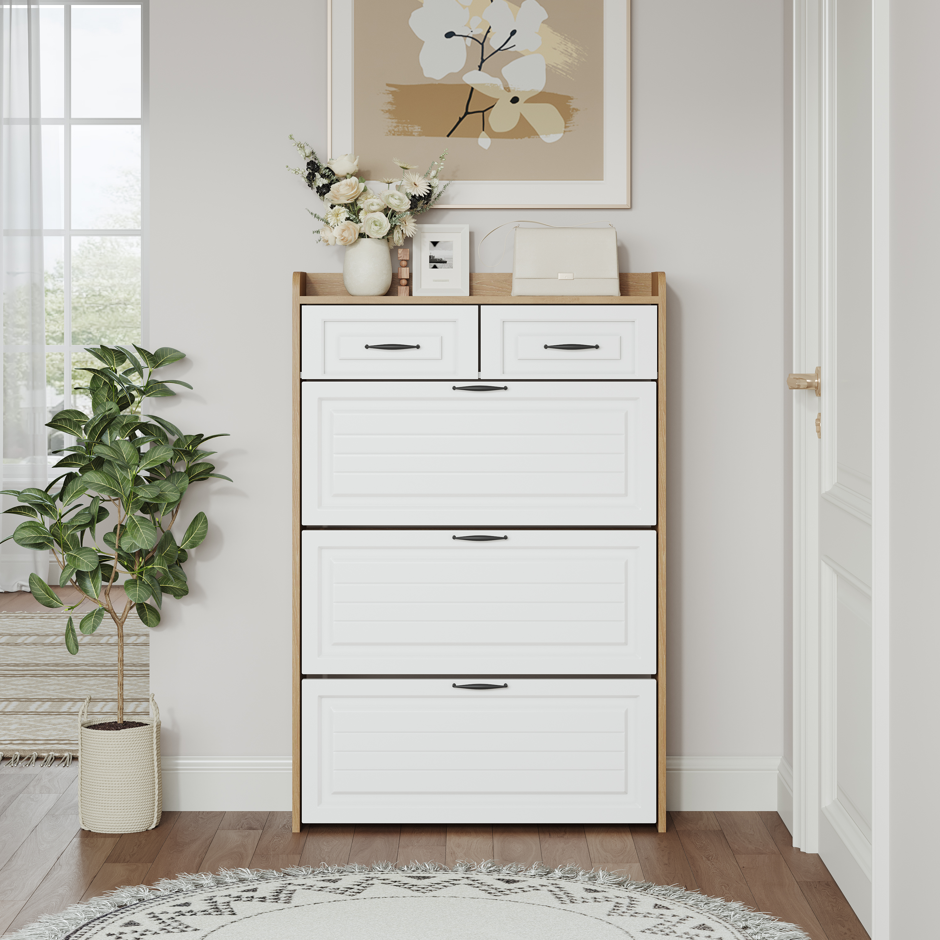 1250 White  Oak Color Shoe Cabinet  With 3 Doors 2 Drawers,large Space For Storage