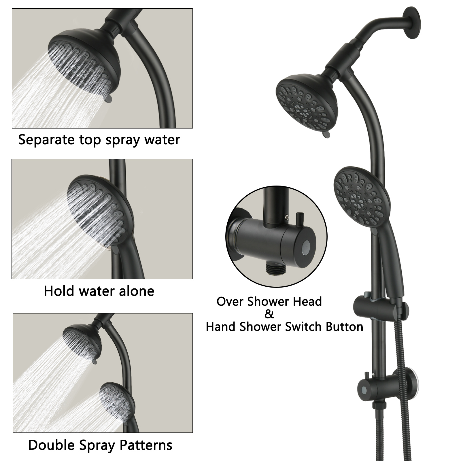 Drill-Free Stainless Steel Slide Bar Combo Rain Showerhead 7-Setting Hand, Dual Shower Head Spa System