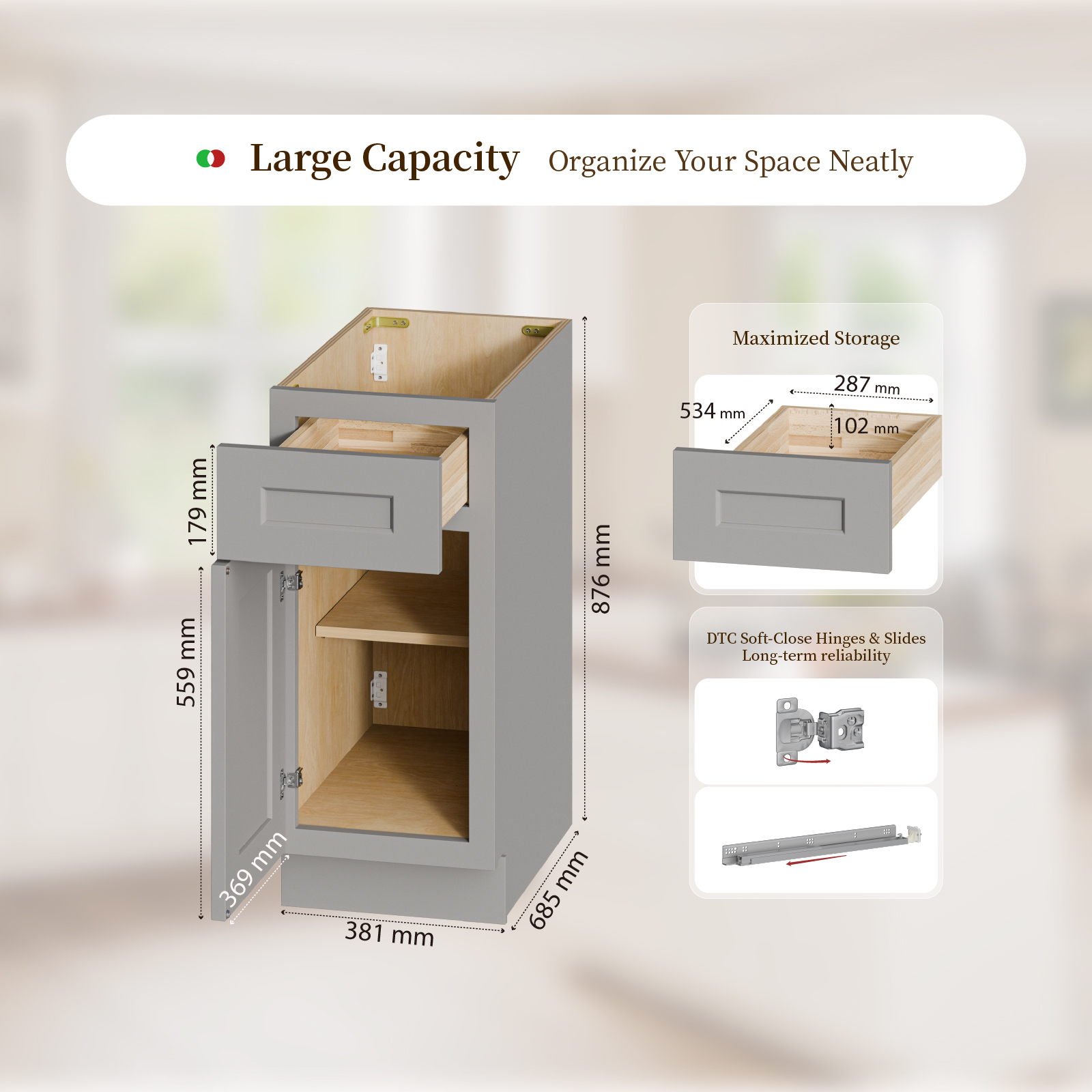 15  Gray Shaker Base Cabinet With Soft-Close Door,Drawer,Space-Saving Solid Wood Unit With Adjustable Shelf For Kitchen, Bath, Laundry, Garage  15 W X 24 D X 34.5 H