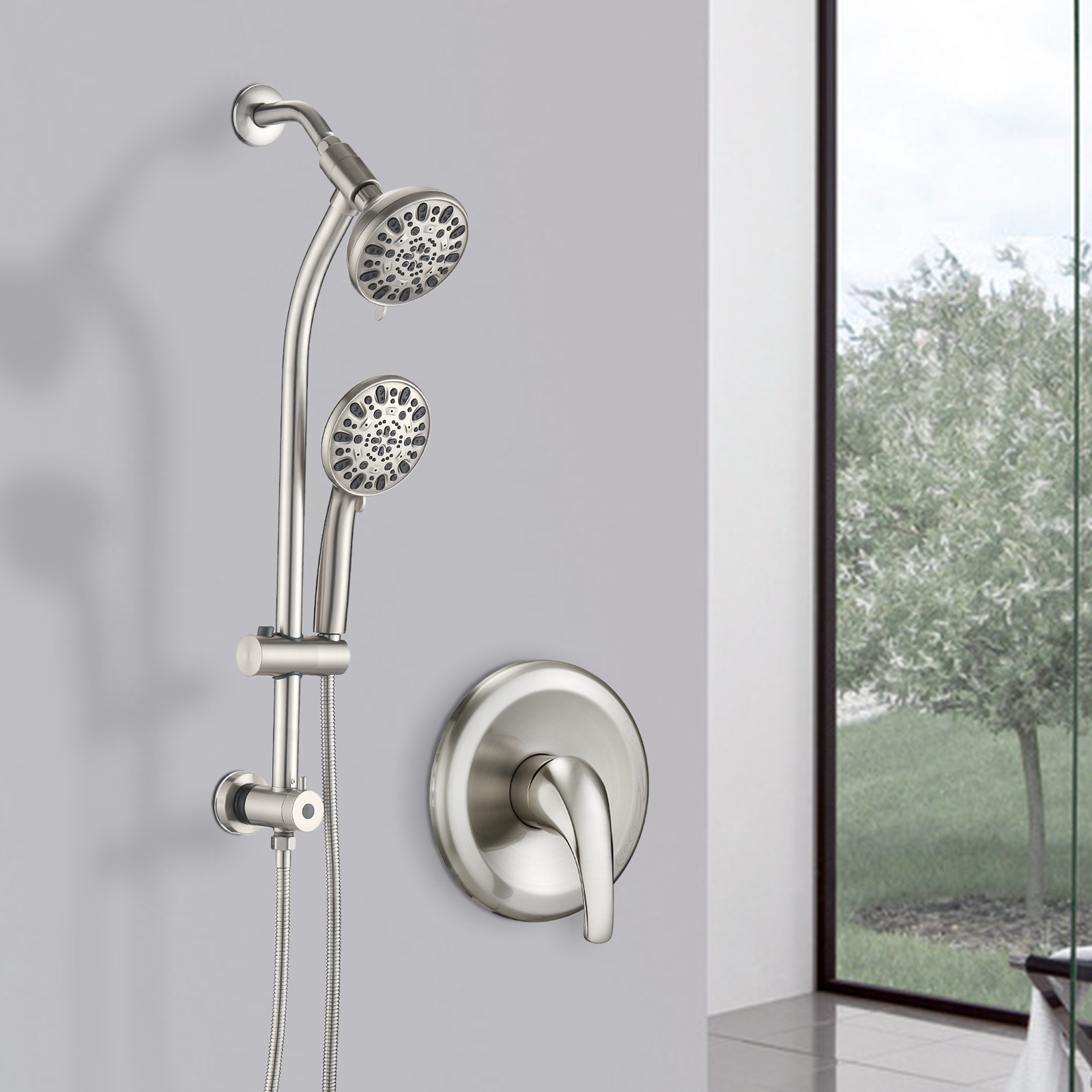 Drill-Free Stainless Steel Slide Bar Combo Rain Showerhead 7-Setting Hand, Dual Shower Head Spa System  Rough-in Valve Included