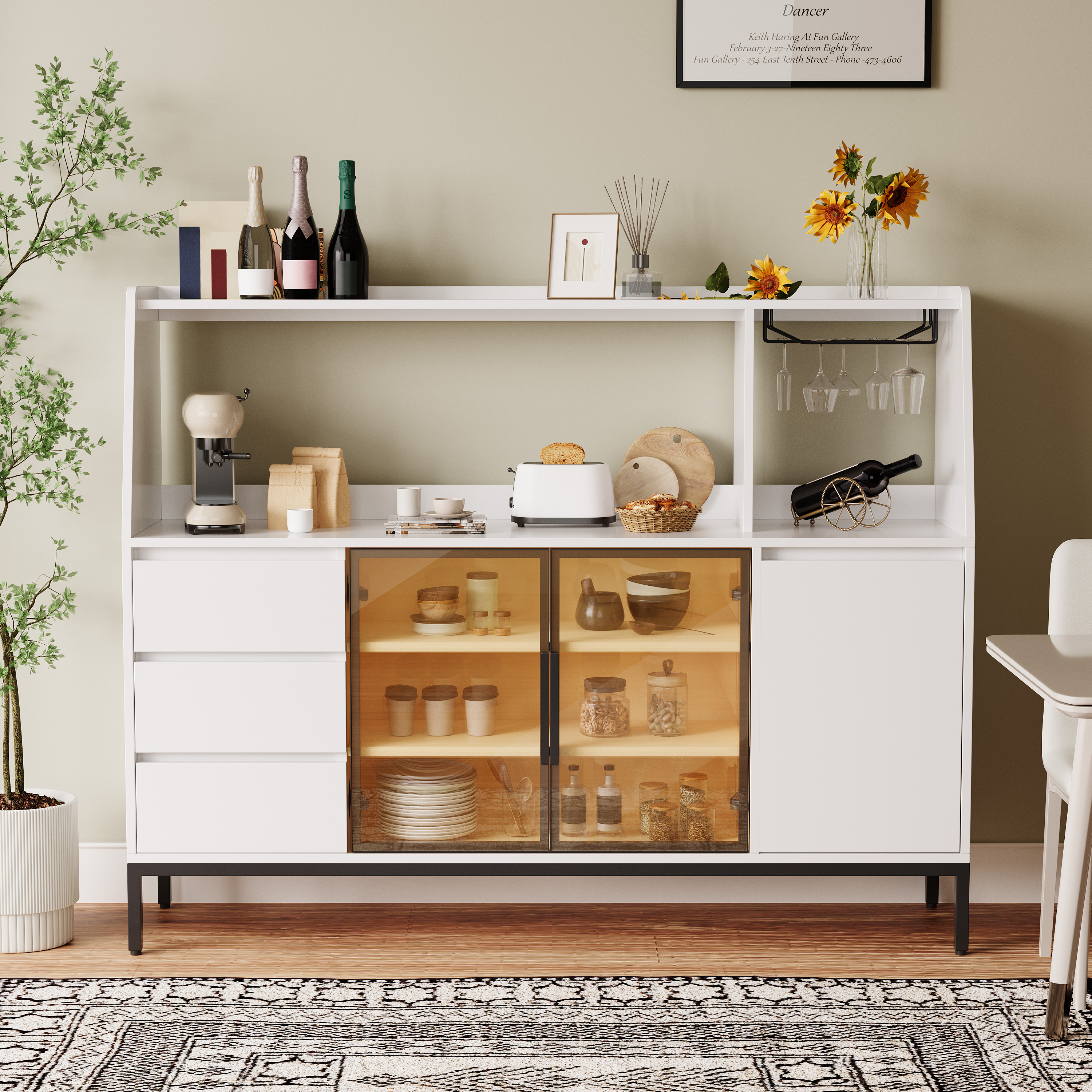 Modern Sideboard With 3 Drawers And Glass Door Locker, Side Cabinet Can Store Wine Glasses