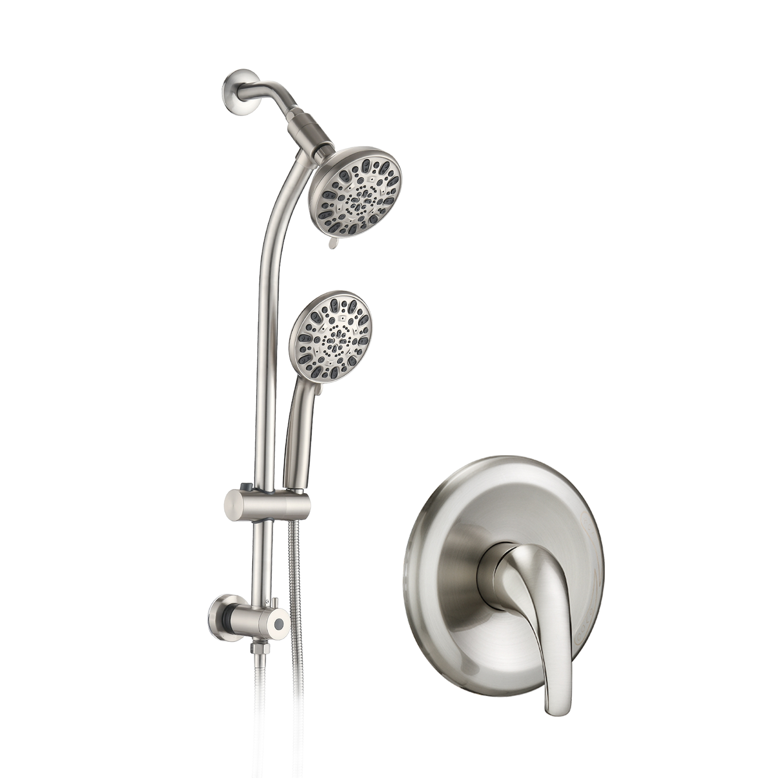 Drill-Free Stainless Steel Slide Bar Combo Rain Showerhead 7-Setting Hand, Dual Shower Head Spa System  Rough-in Valve Included