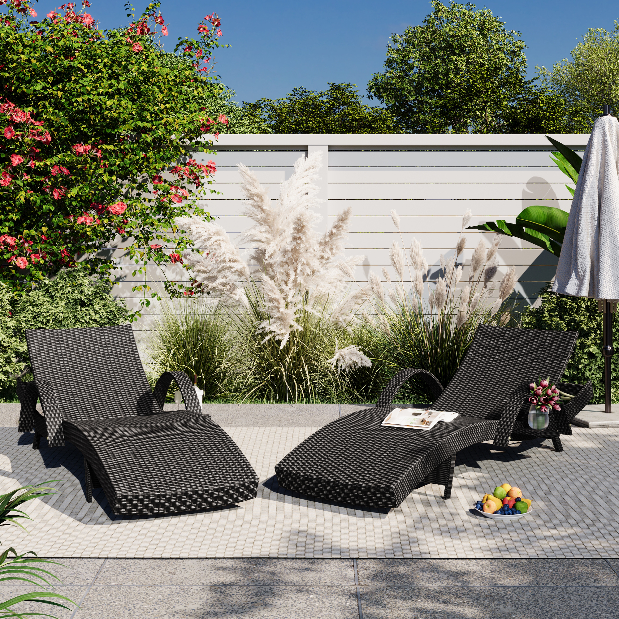 K&K 80in Outdoor Wicker Chaise Lounge Chairs Set Of 2, Patio Rattan Reclining Chair Pull-out Side Table W  5-Level Adjustable Backrest Ergonomic Wave Design Pool Sunbathing Recliners, Black