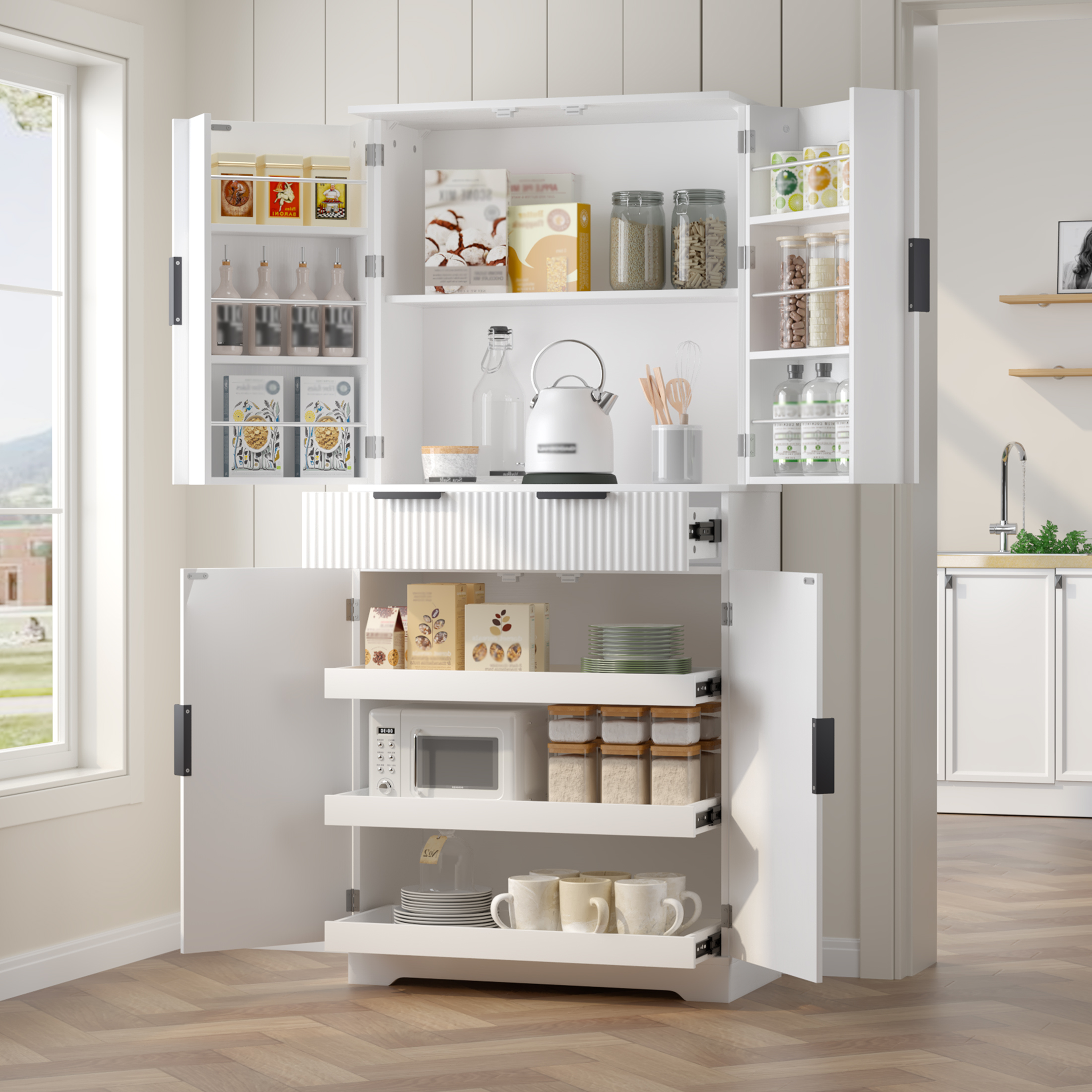 72 Fluted Kitchen Pantry Cabinet With 3 Keyboard Drawers & 6 Door Shelves Adjustable, Freestanding Cupboard Storage Cabinet For Bathroom, Diningroom, Office, Entryway, White