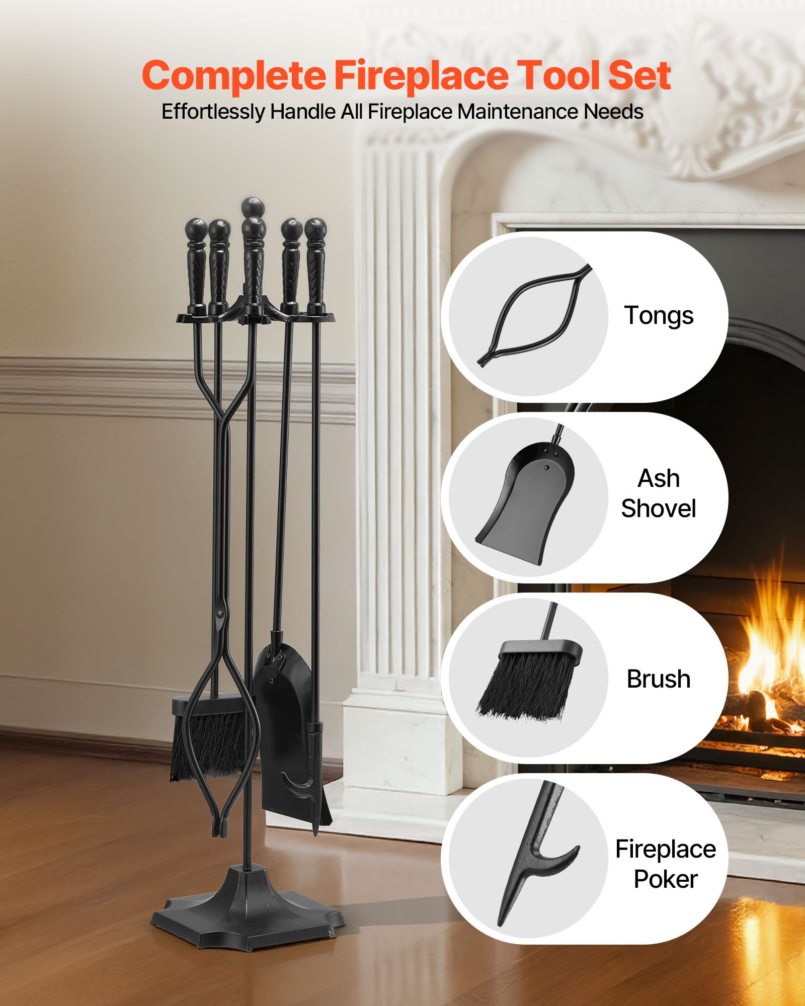 Fireplace Tool Set, 5 PCS Fire And Holder With Five-Prong Stand, Tongs, Ash — image 5