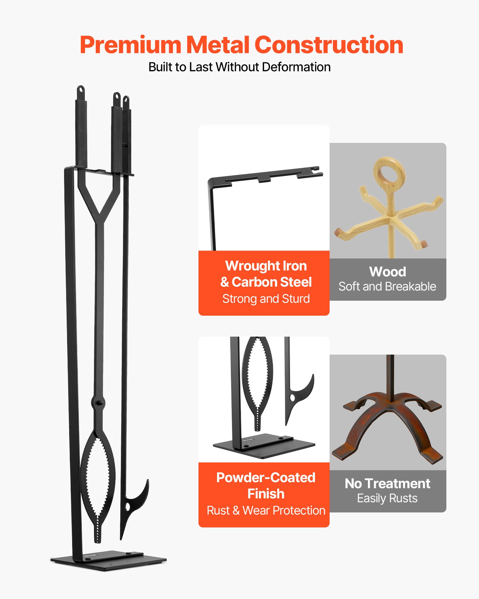 Fireplace Tool Set, 3 PCS Fire And Holder With Stand, Tongs, Place Poker — image 4