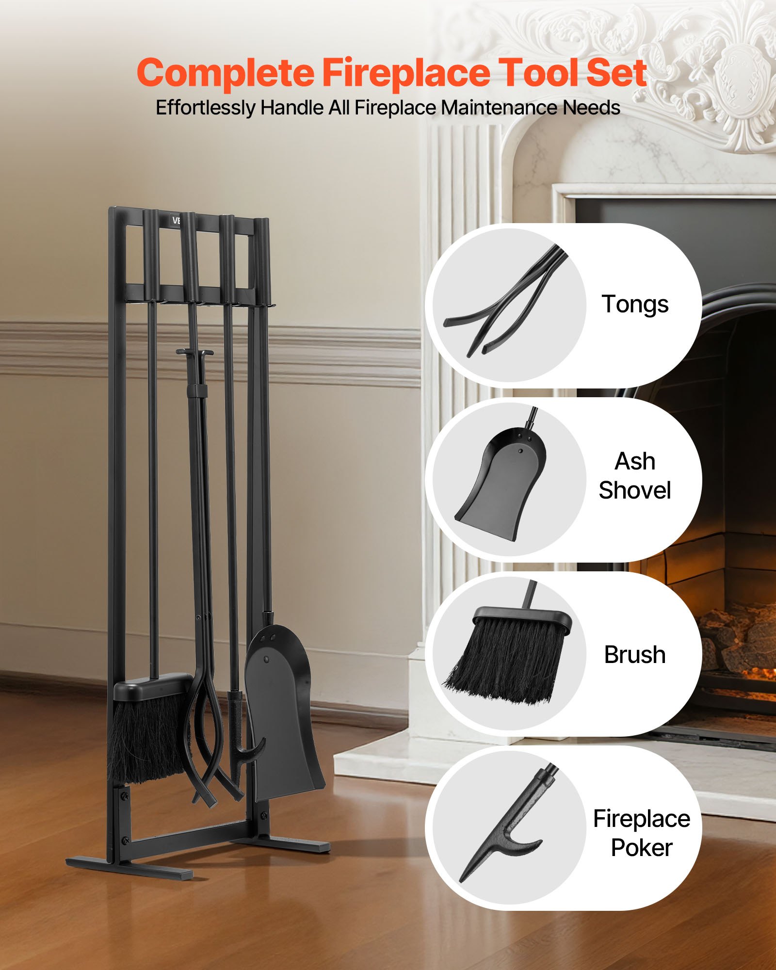 Fireplace Tool Set, 5 PCS Fire And Holder With Square-Frame Stand, Tongs, Ash — image 5