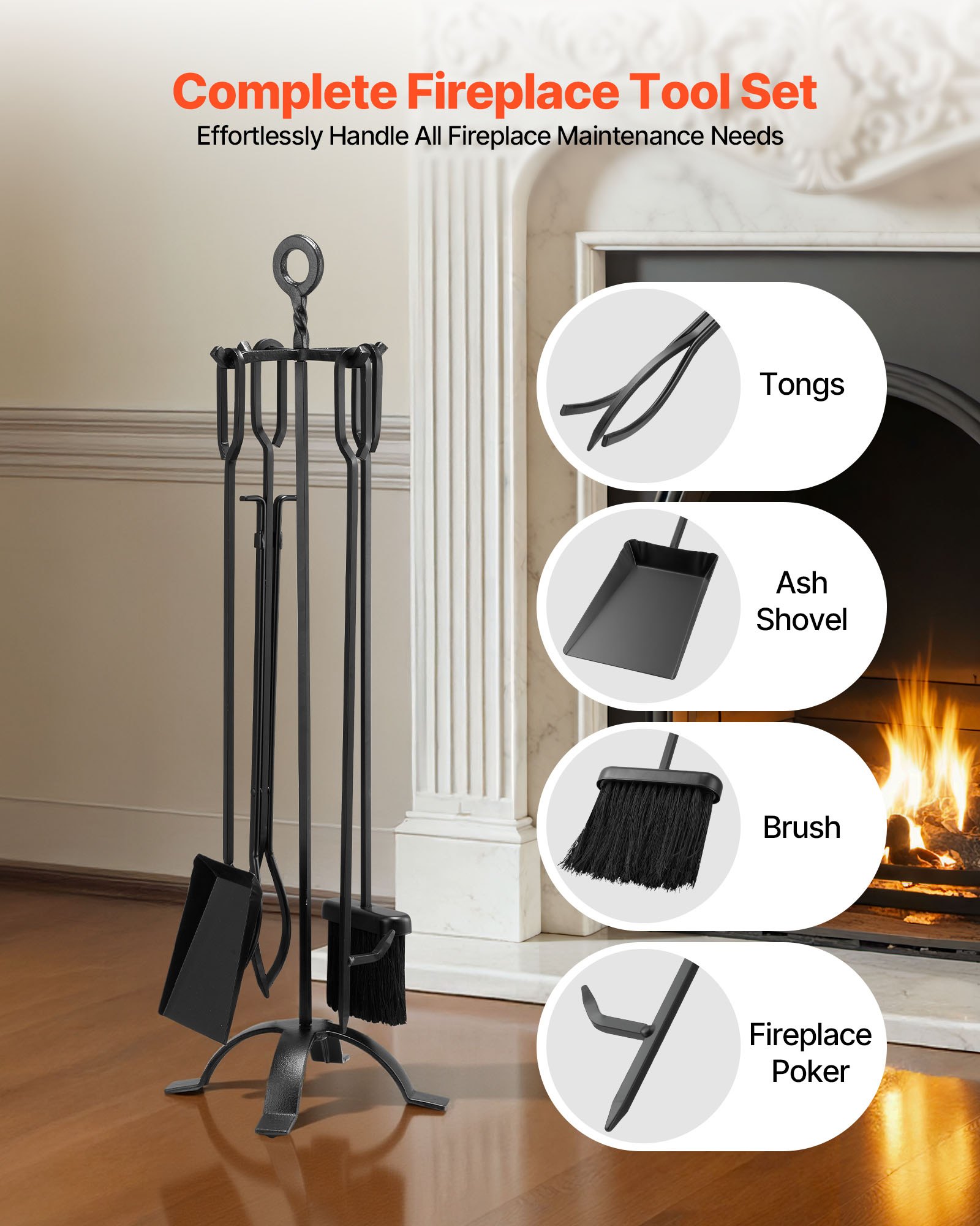 Fireplace Tool Set, 5 PCS Fire And Holder With Four-Prong Stand, Tongs, Ash — image 5