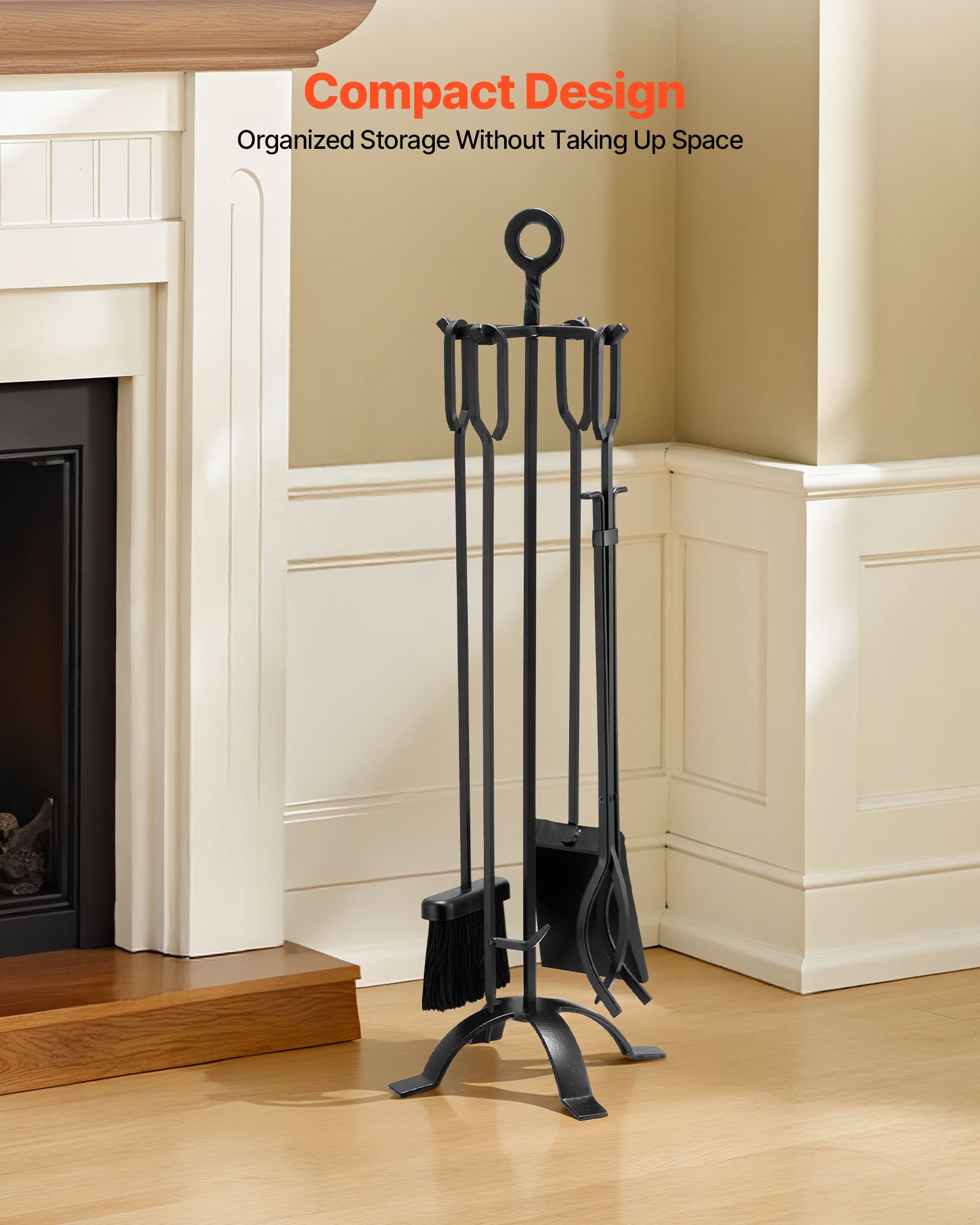 Fireplace Tool Set, 5 PCS Fire And Holder With Four-Prong Stand, Tongs, Ash — image 3