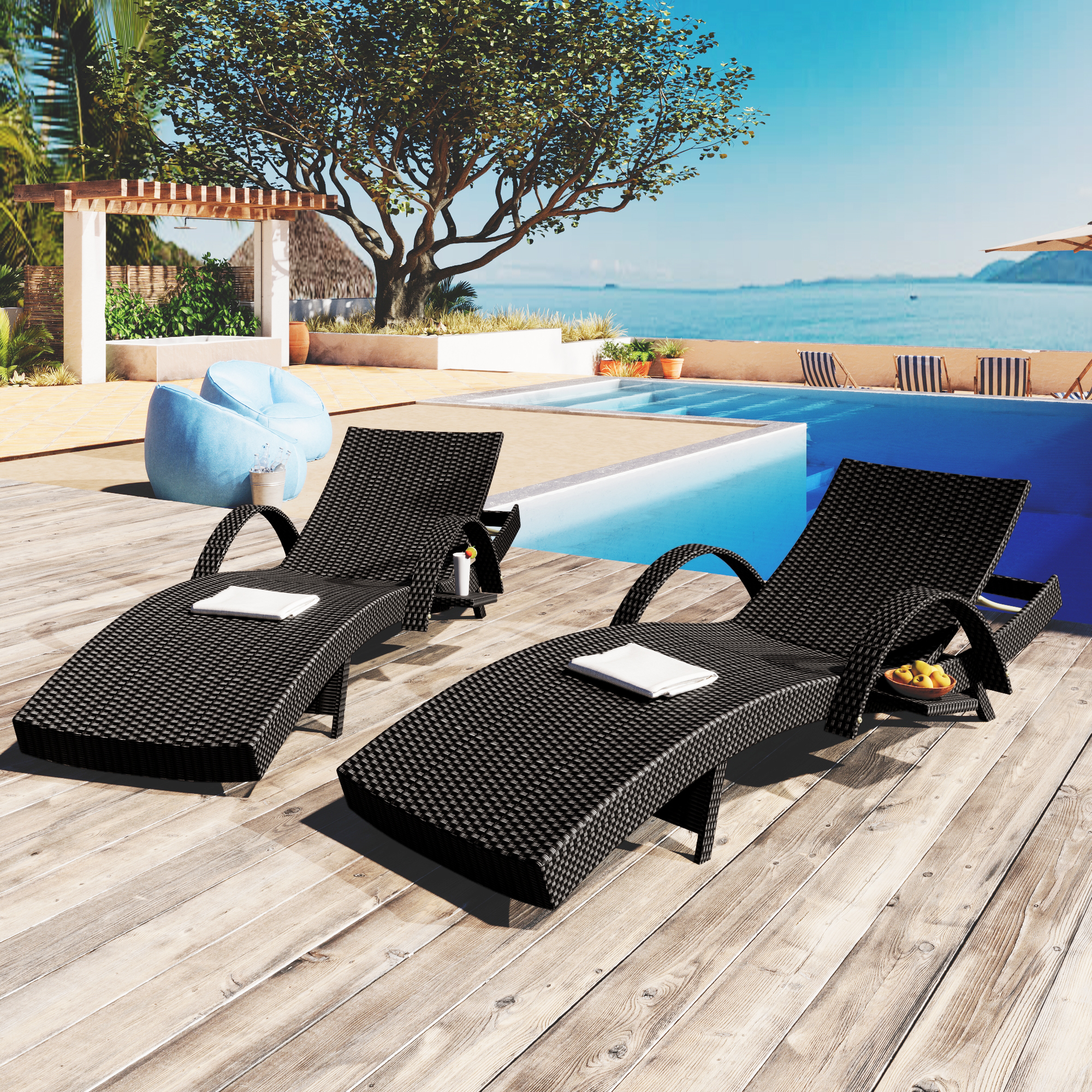 K&K 80in Outdoor Wicker Chaise Lounge Chairs Set Of 2, Patio Rattan Reclining Chair Pull-out Side Table W  5-Level Adjustable Backrest Ergonomic Wave Design Pool Sunbathing Recliners, Black