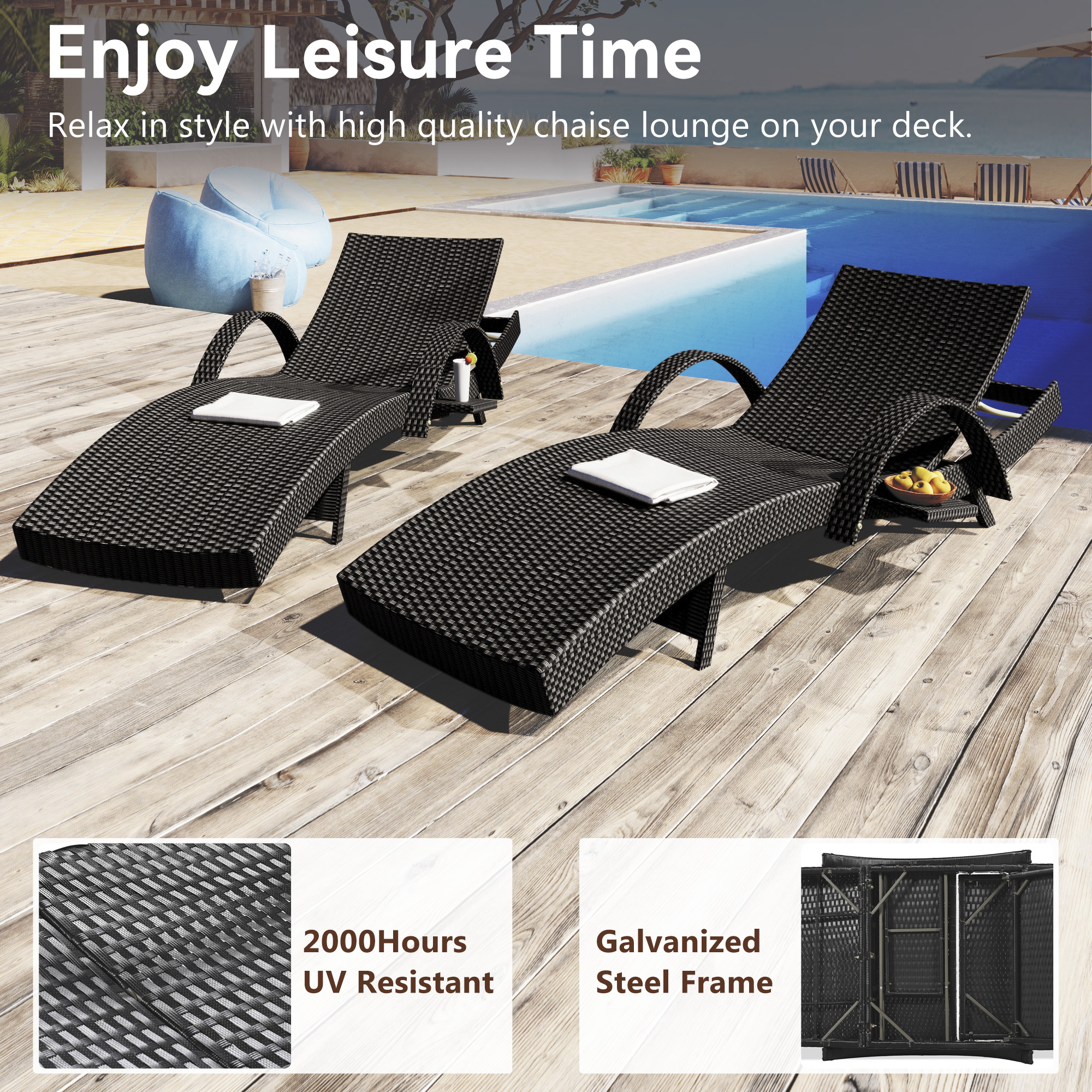K&K 80in Outdoor Wicker Chaise Lounge Chairs Set Of 2, Patio Rattan Reclining Chair Pull-out Side Table W  5-Level Adjustable Backrest Ergonomic Wave Design Pool Sunbathing Recliners, Black