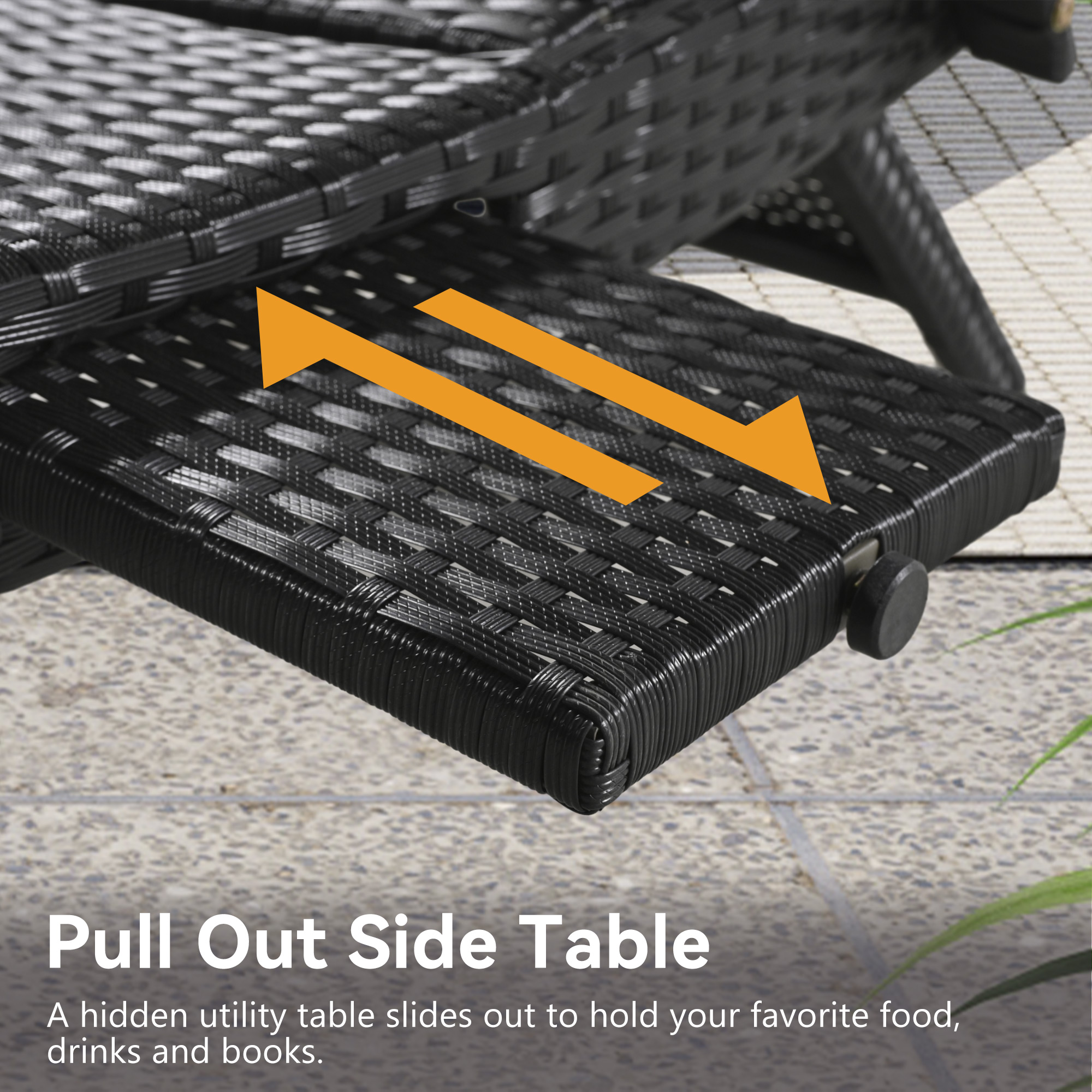 K&K 80in Outdoor Wicker Chaise Lounge Chairs Set Of 2, Patio Rattan Reclining Chair Pull-out Side Table W  5-Level Adjustable Backrest Ergonomic Wave Design Pool Sunbathing Recliners, Black