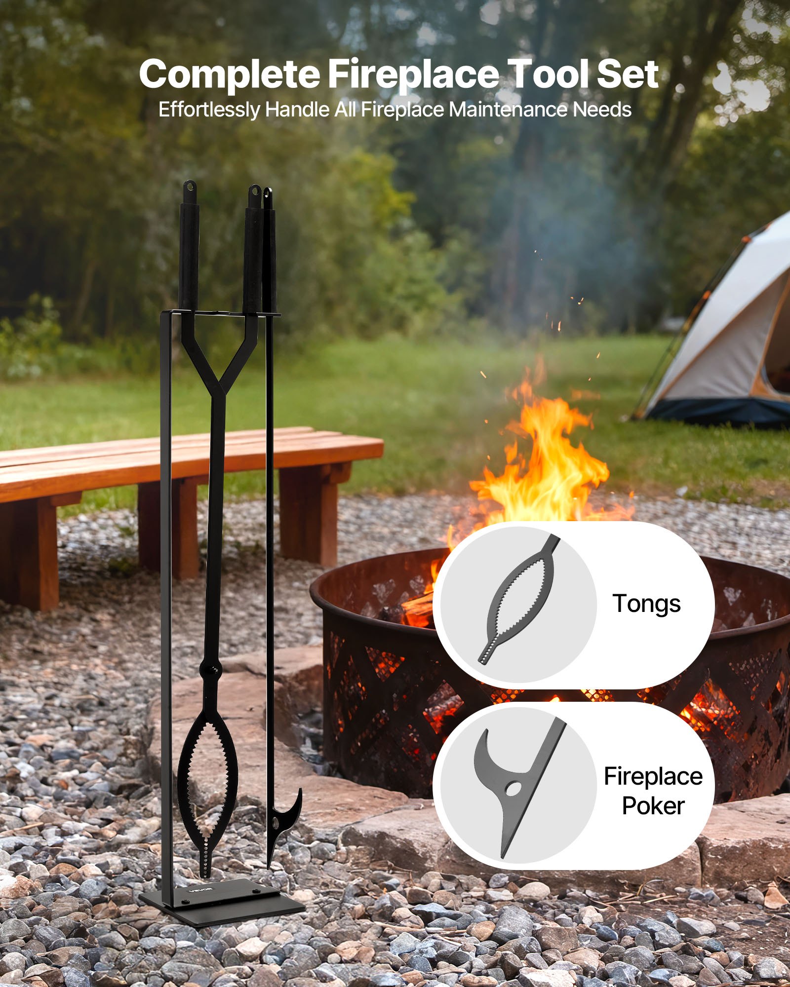Fireplace Tool Set, 3 PCS Fire And Holder With Stand, Tongs, Place Poker — image 2