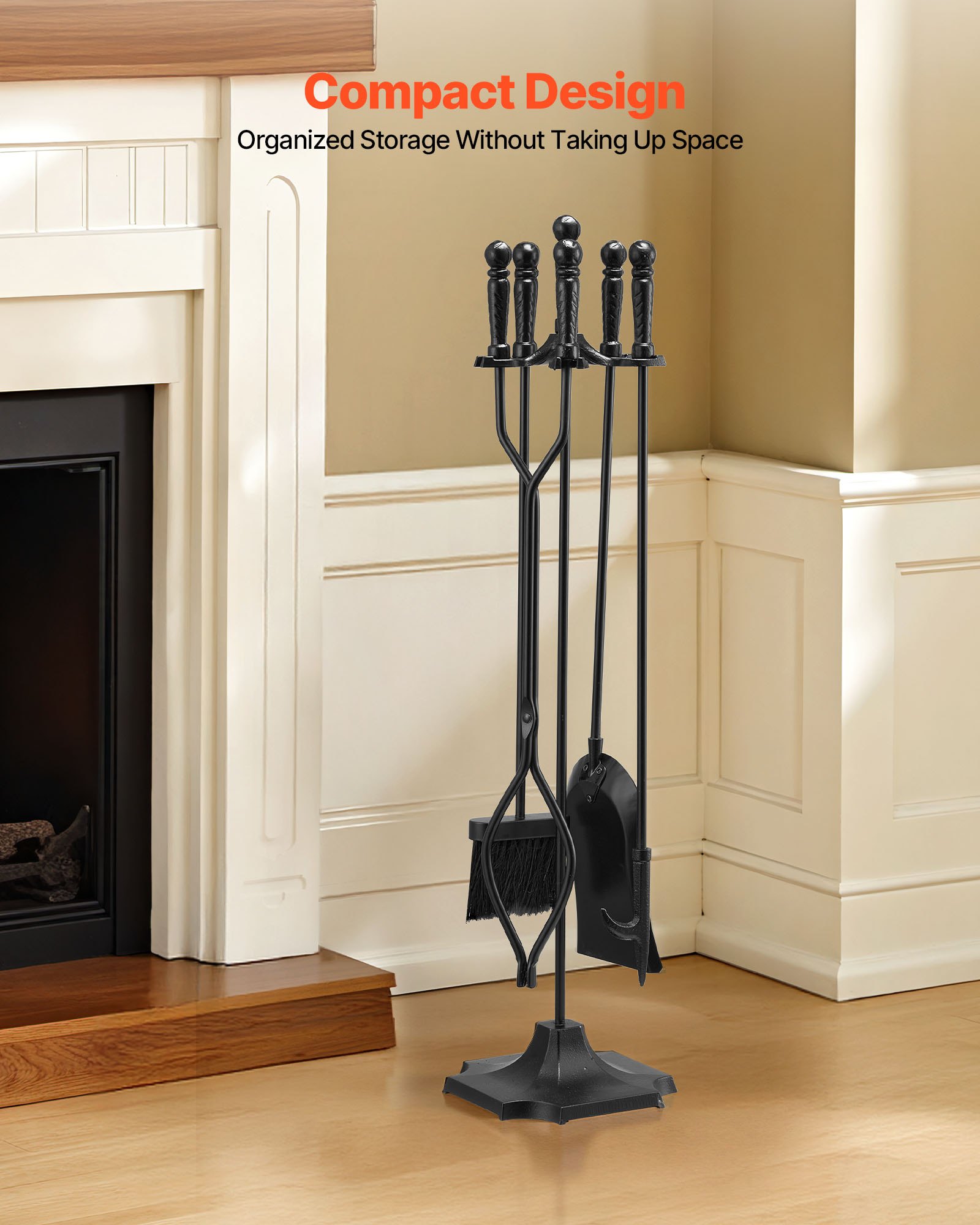 Fireplace Tool Set, 5 PCS Fire And Holder With Five-Prong Stand, Tongs, Ash — image 3