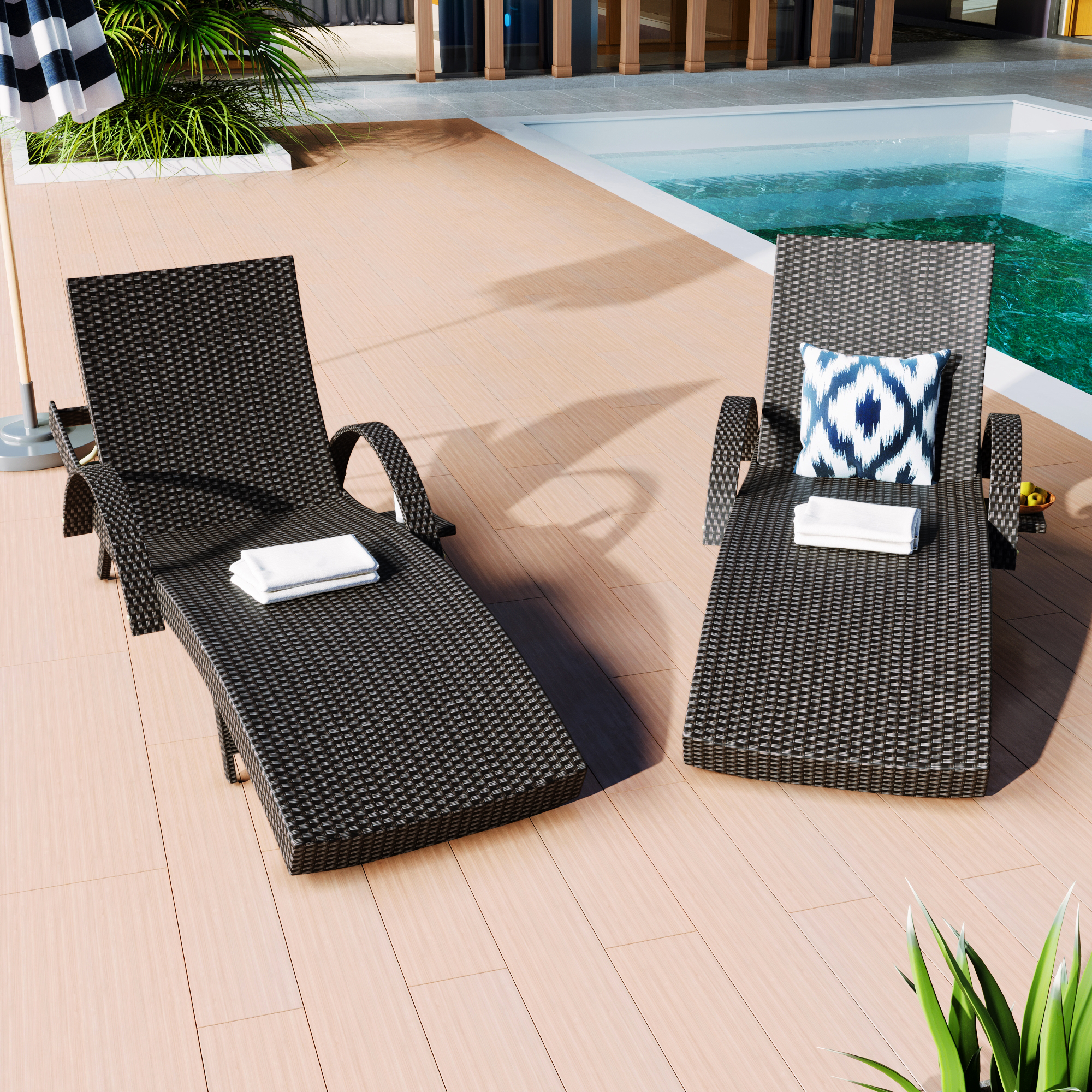 K&K 80in Outdoor Wicker Chaise Lounge Chairs Set Of 2, Patio Rattan Reclining Chair Pull-out Side Table W  5-Level Adjustable Backrest Ergonomic Wave Design Pool Sunbathing Recliners, Black