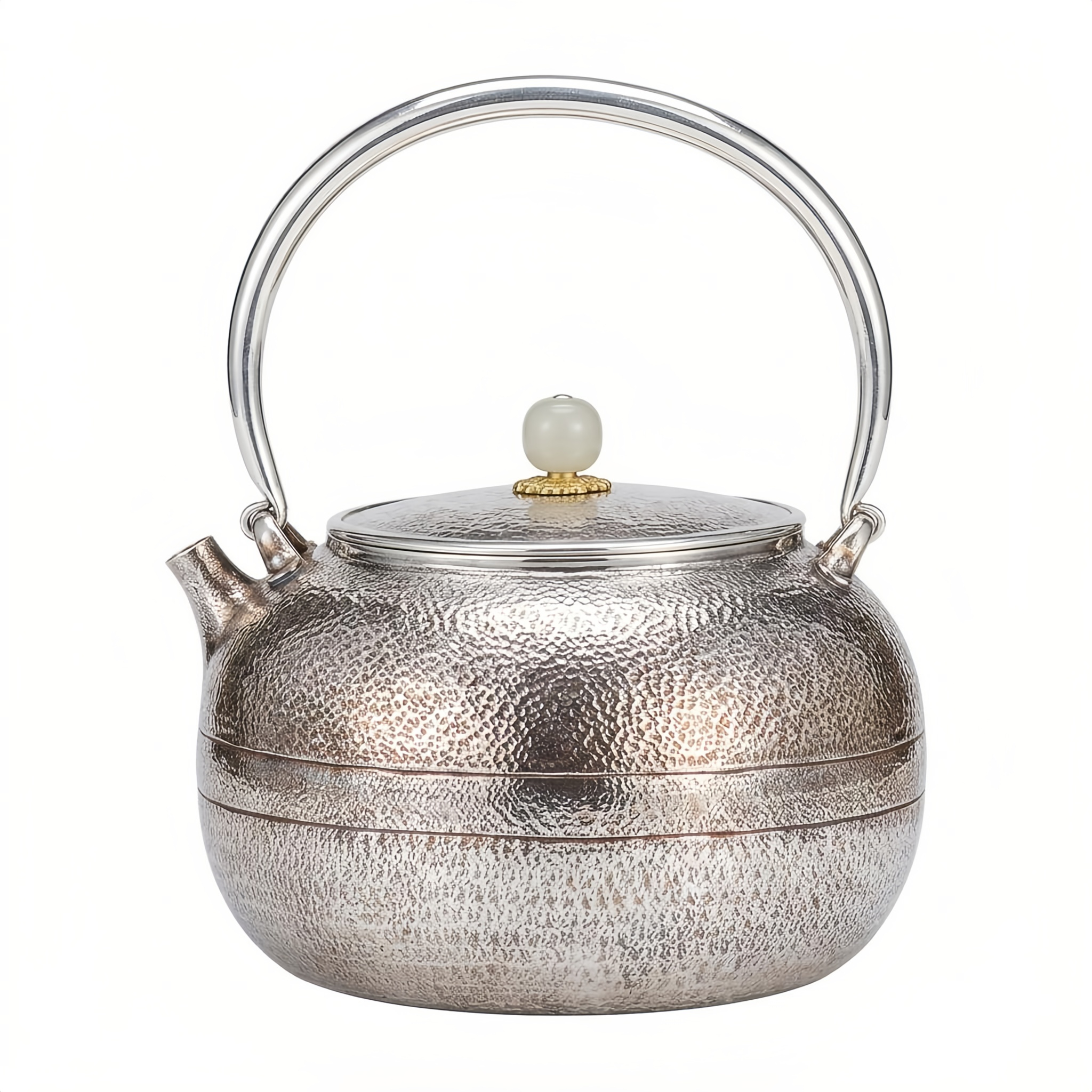 Pure 999 Fine Silver Elegant Handcrafted Hammered Silver Teapot with a Polished White Stone Lid Finial - Handicraft