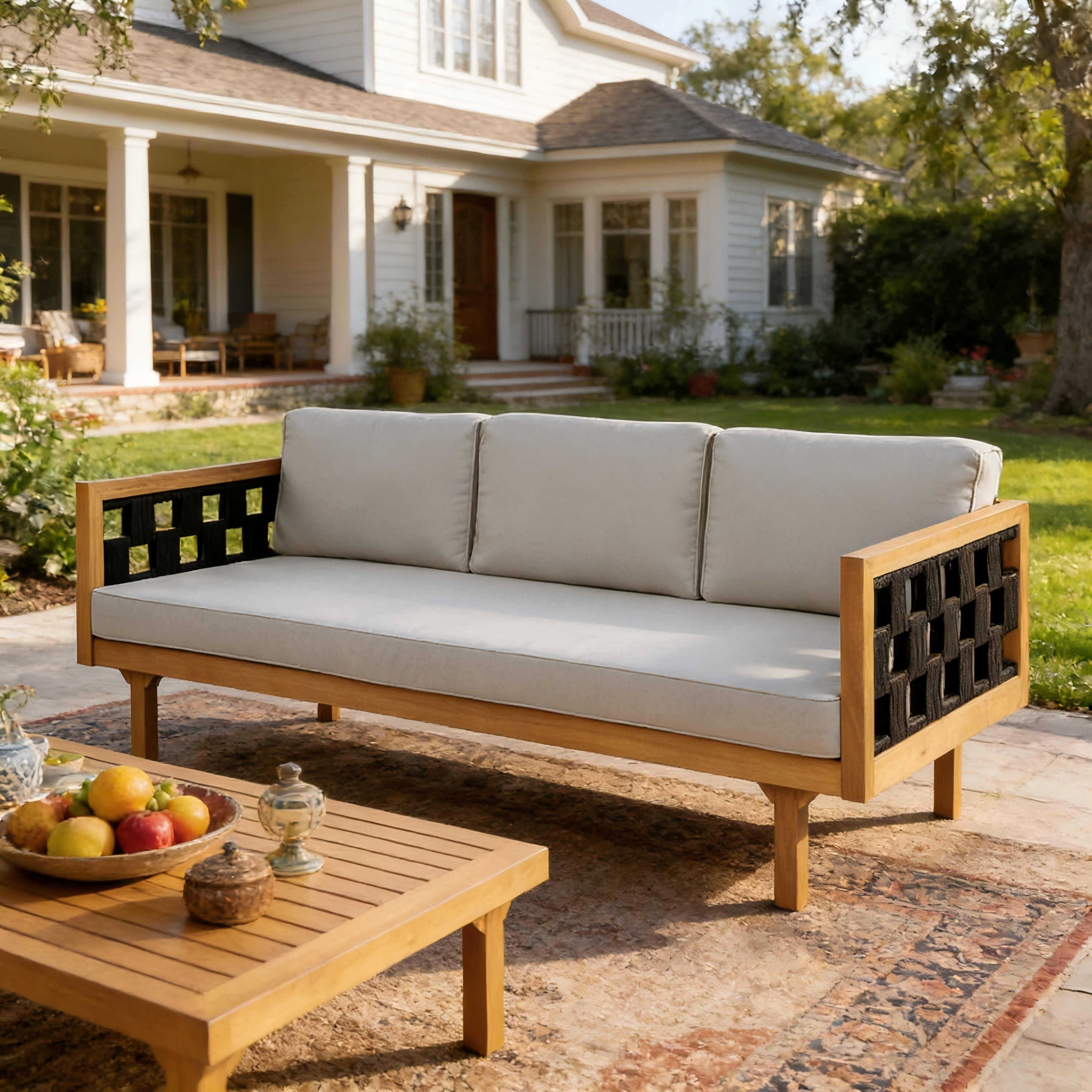 Three-Seater Outdoor Daybed - Acacia Wood Teak Finish Frame With Light Grey Cushions & Black Flat Rope, 67.5'' L X 32'' W X 24.24'' H Patio Lounge Sofa For Garden Deck Backyard