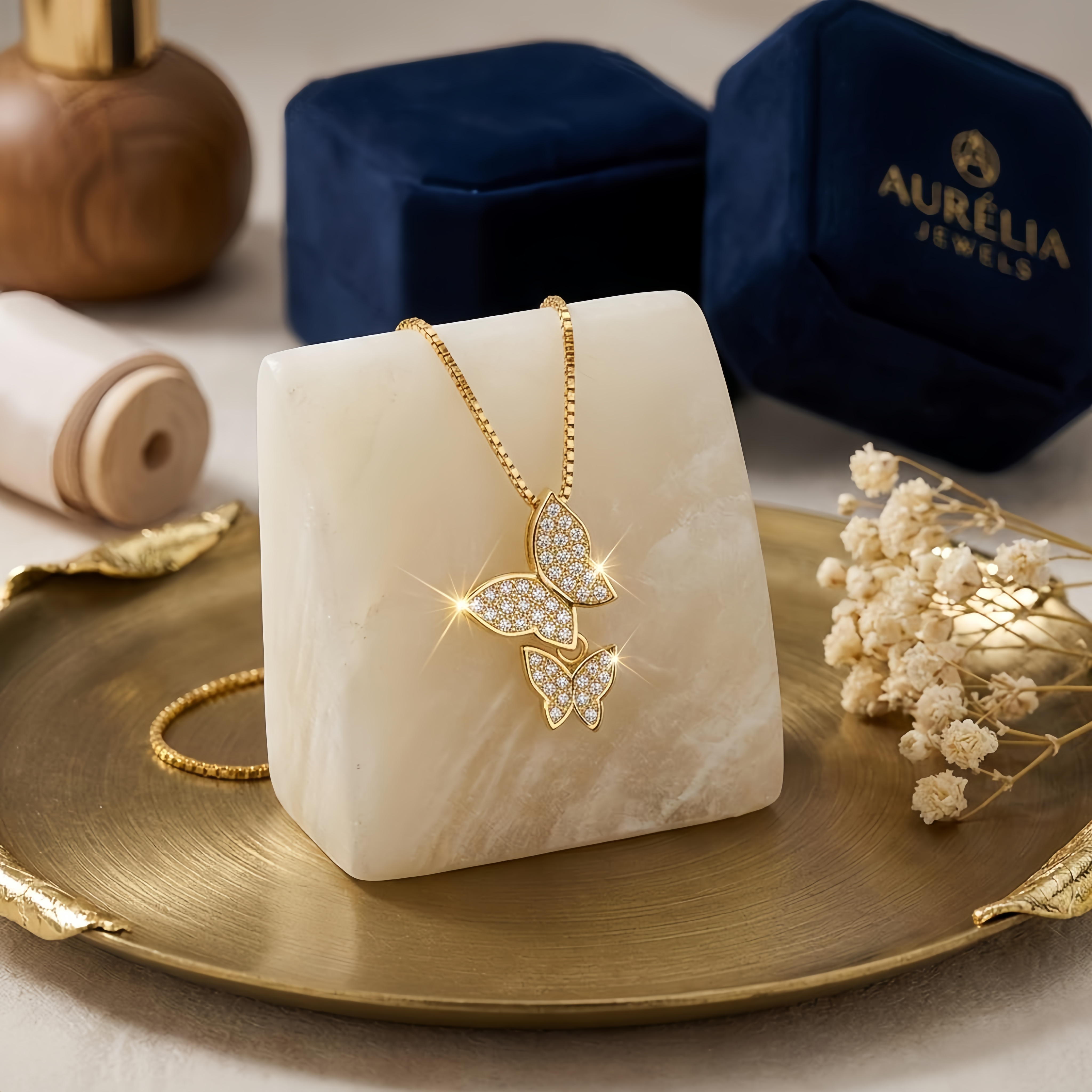 925 Sterling Silver Elegant Double Butterfly CZ Necklace in Gold-Plated  Sterling 