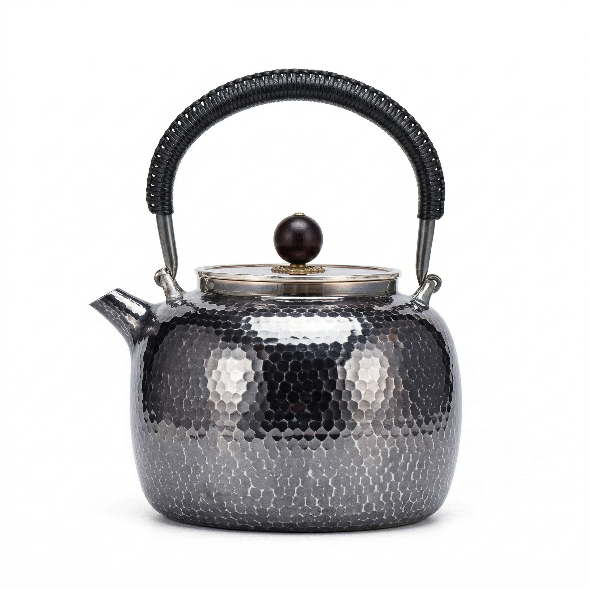 Pure 999 Fine Silver Elegant Handcrafted Hammered Silver Tea Kettle with Traditional Black Woven Handle - Handicraft