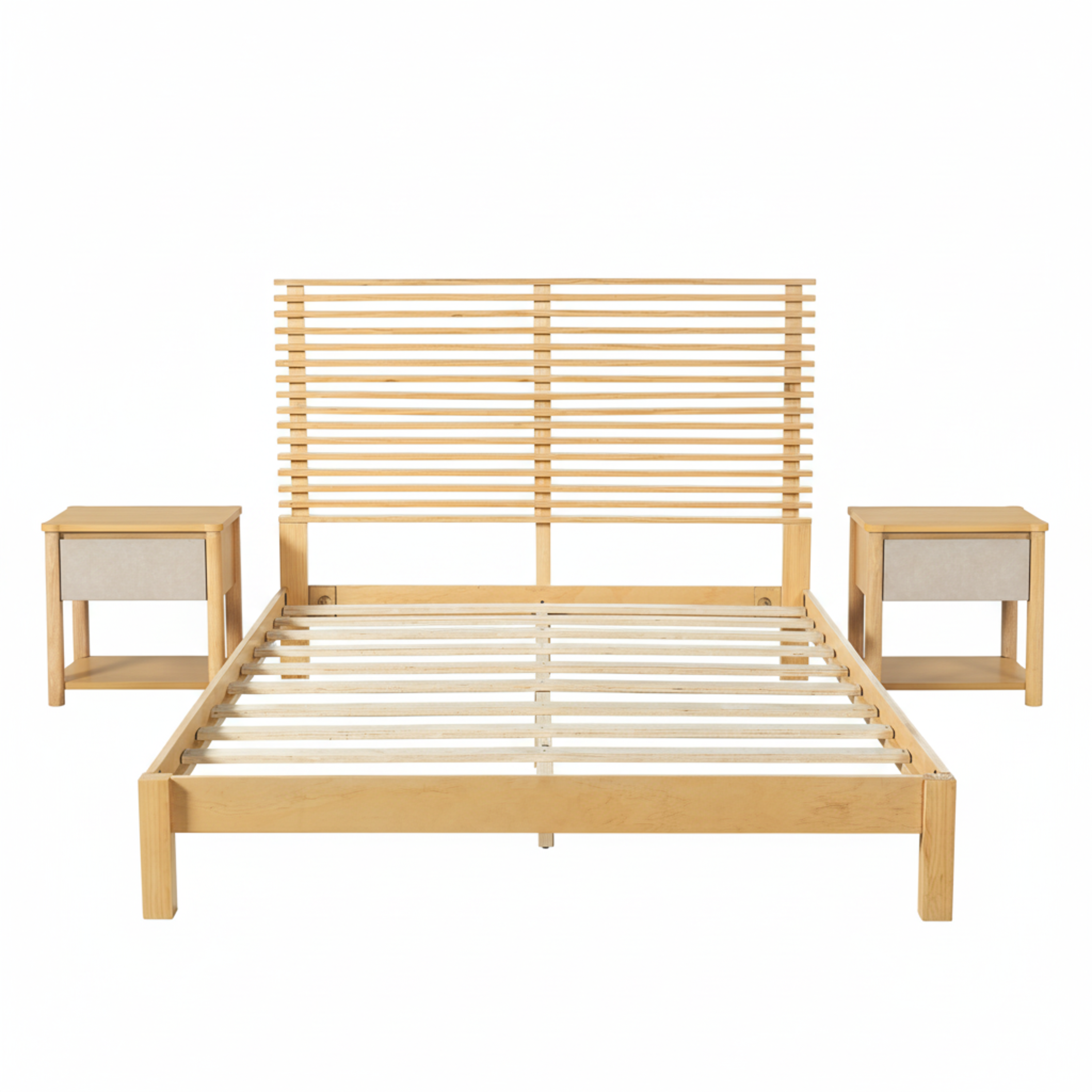Premium Solid Wood Queen Size Platform Bed Frame With Horizontal Slat Headboard, Modern Natural Wood Bedroom Furniture, 600 Lbs Weight Capacity,No Box Spring Needed, Fits All Mattresses