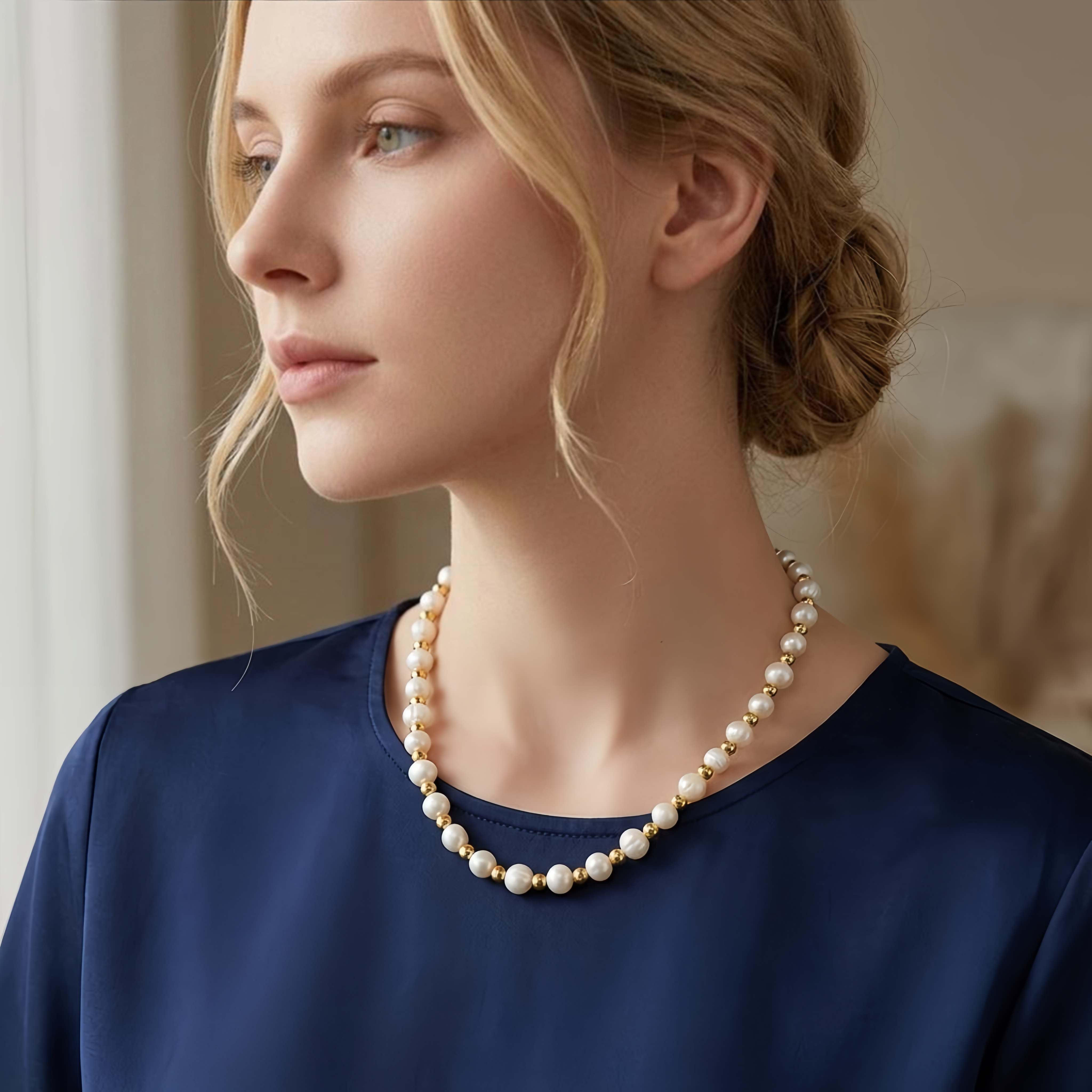 925 Sterling Silver Elegant Freshwater Pearl Necklace with Gilded Metallic Beads and S925 Sterling Silver Clasp