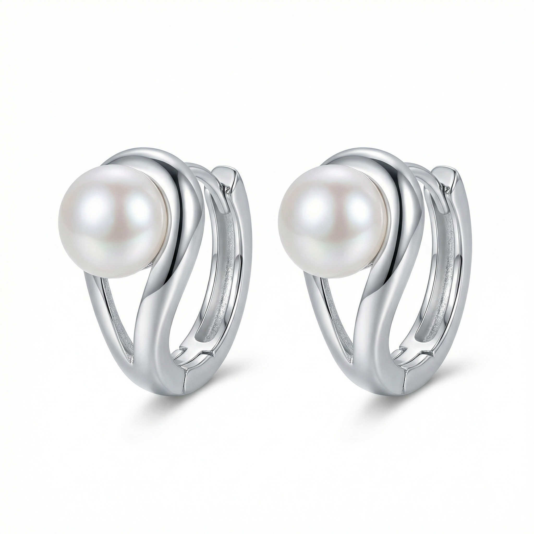 925 Sterling Silver Elegant Silver Swirl Pearl Huggie Hoop Earrings 