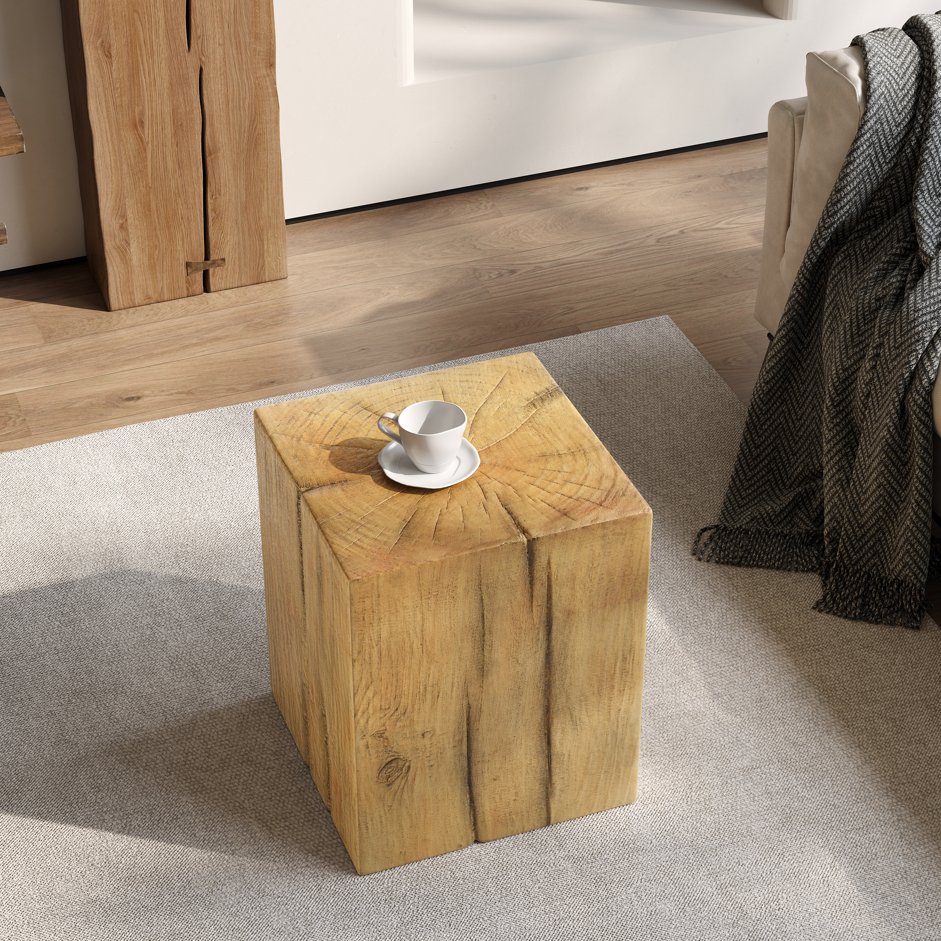Wood-Look Square-Column MGO End Table, H18 ,Wood-Like Distressed Finish, Mix With Different Heights, Indoor Outdoor Use,Natural Color