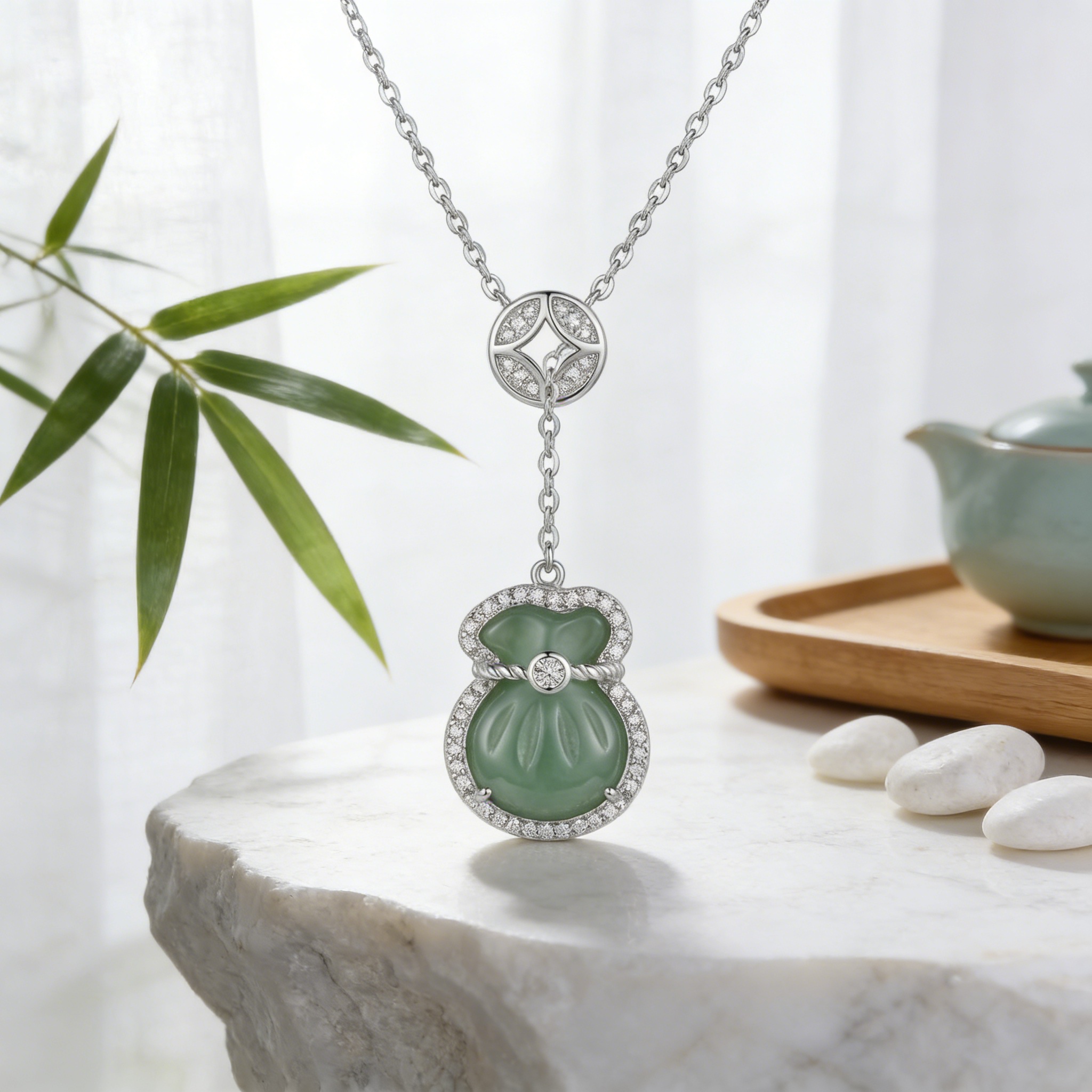 Sterling Silver Jade Money Bag Necklace, picture 3 of 4