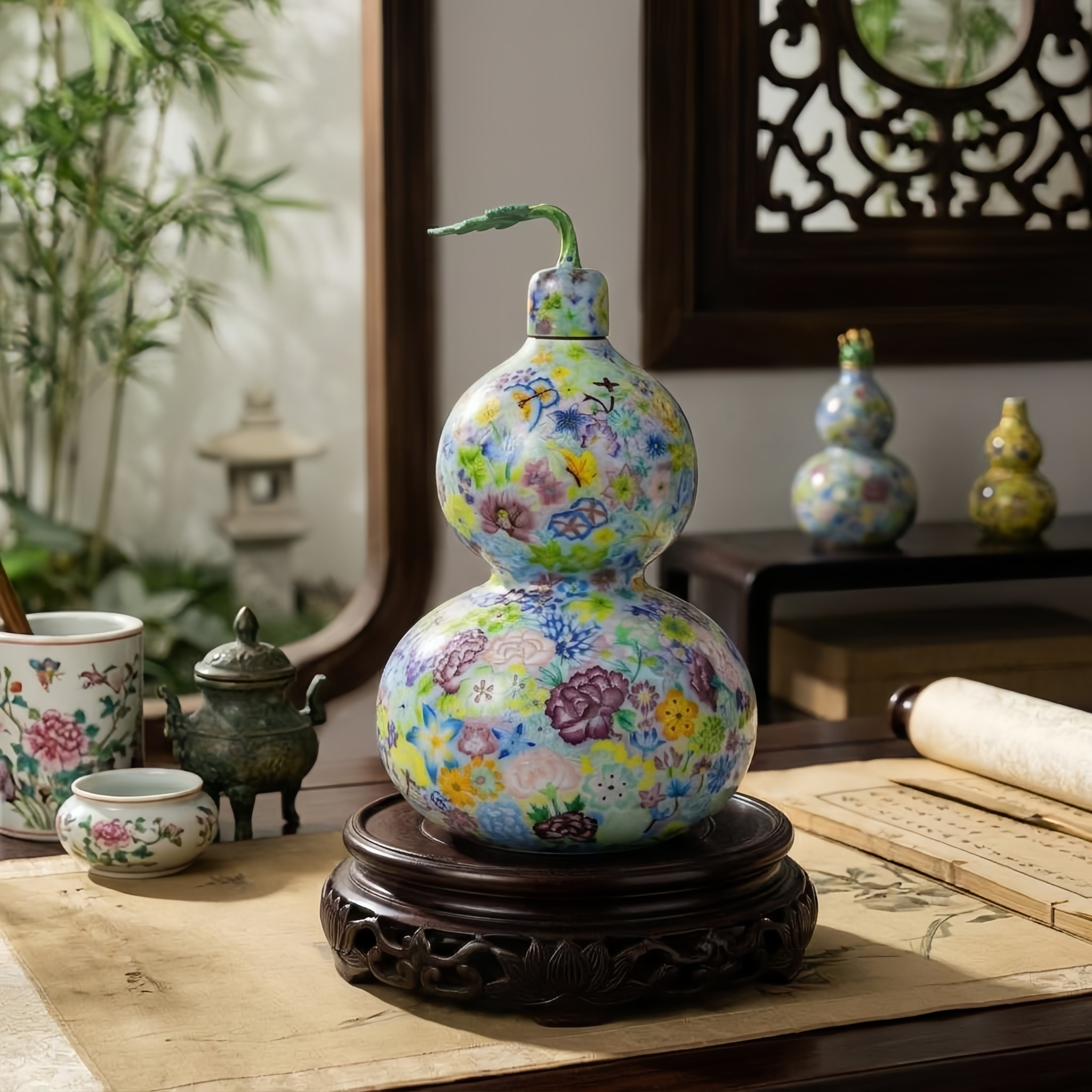 Pure 999 Fine Silver Floral Gourd Vase with Intricate Butterfly and Blossom Design-Fine Indigo Wine Jar - Handicraft