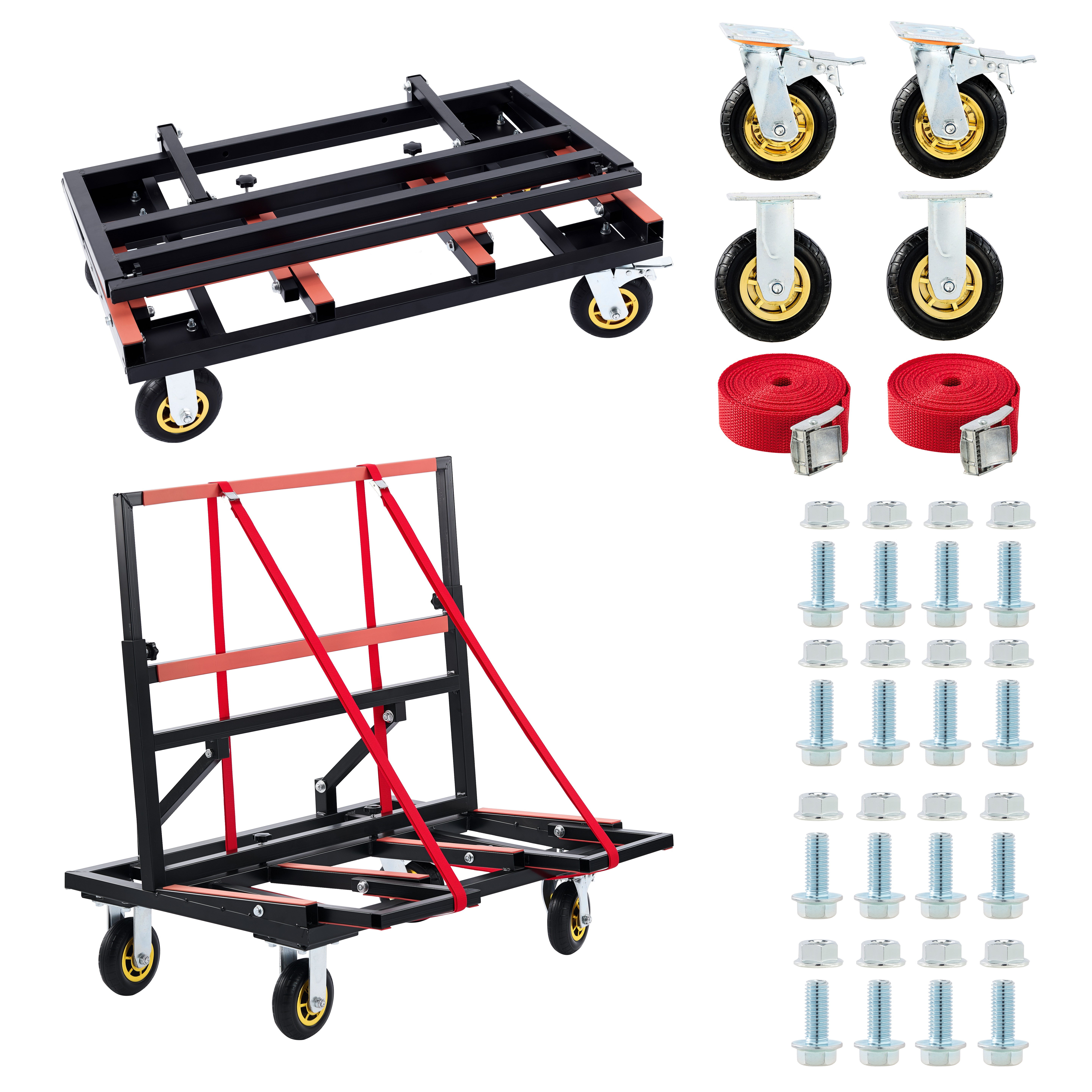 Folding Drywall Dolly With 4X6  Casters,  2000 LBS Load Capacity, Expandable Deck And Back Frame, Portable Panel Cart For Versatile Of Handling Plywood, Plasterboard, Glass With 2PCS Tie-Down Strapp