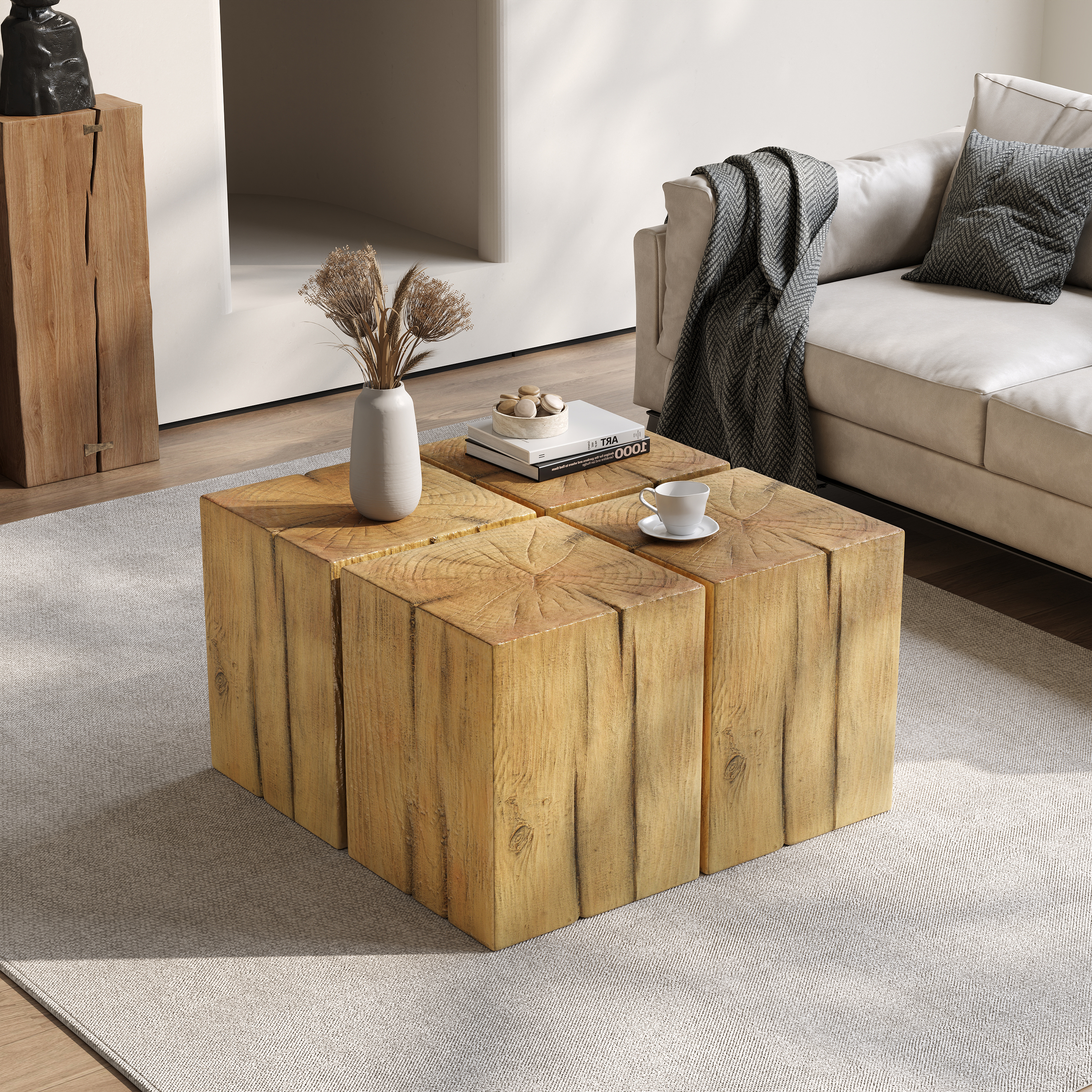 Wood-Look Square-Column MGO End Table, H18 ,Wood-Like Distressed Finish, Mix With Different Heights, Indoor Outdoor Use,Natural Color