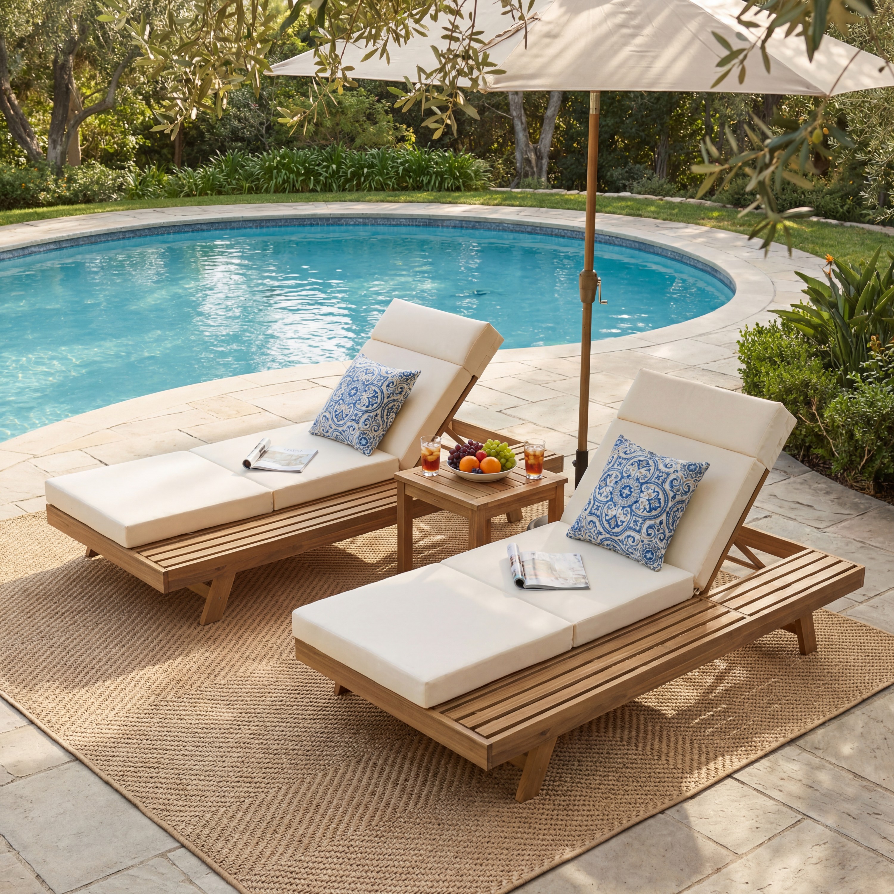 Lounge Chaise Set With Headrest, Space Available On One Side, Acacia Wood In Light Brown With Water-Resistant Lounge Cushions  Beige & 3-Fold & 4 Inch  -Matching Dark Grey Cream Version Available