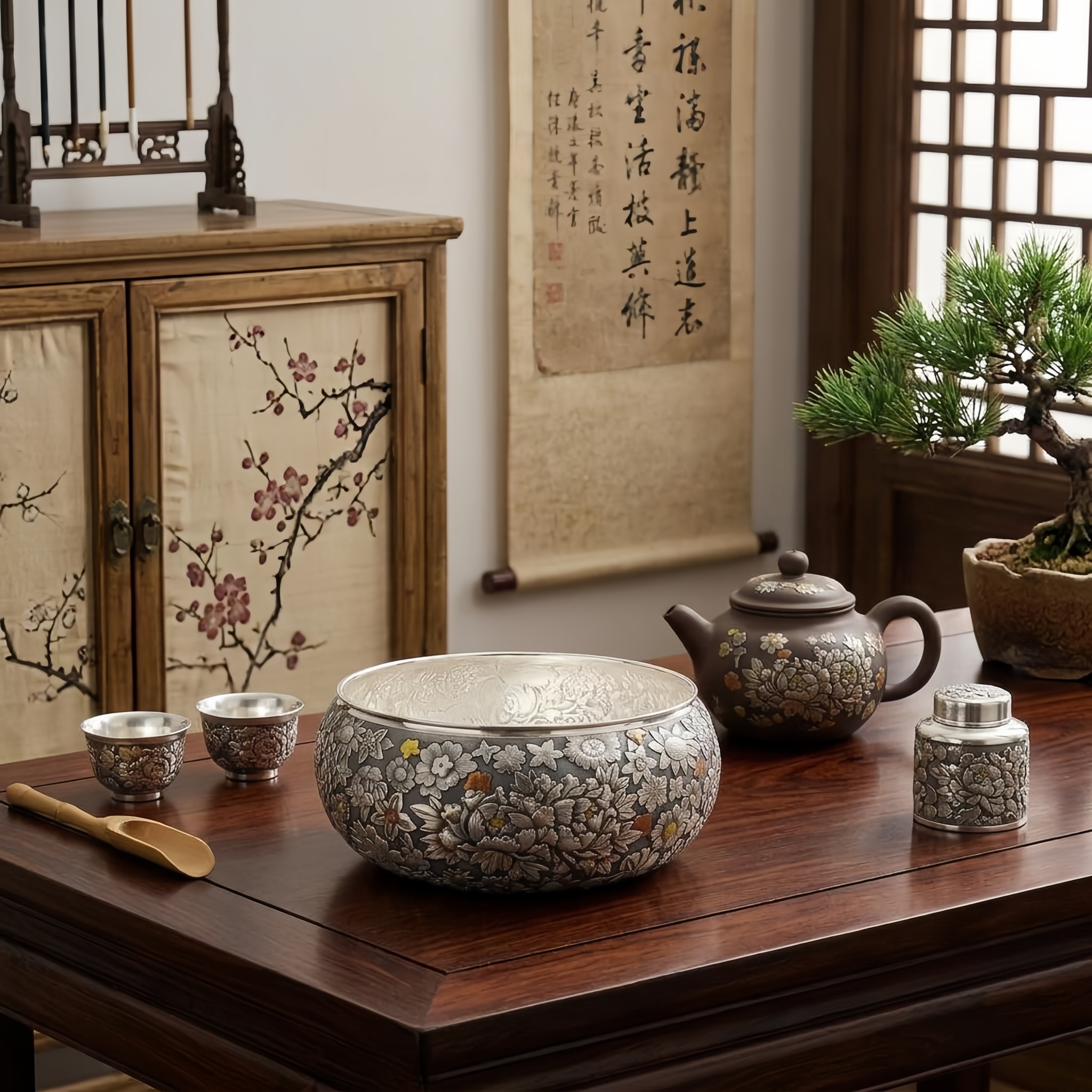 Pure 999 Fine Silver Handcrafted Silver Floral Bowl with Intricate Embossed Blossom Designs and Mixed Metal Accents - Handicraft