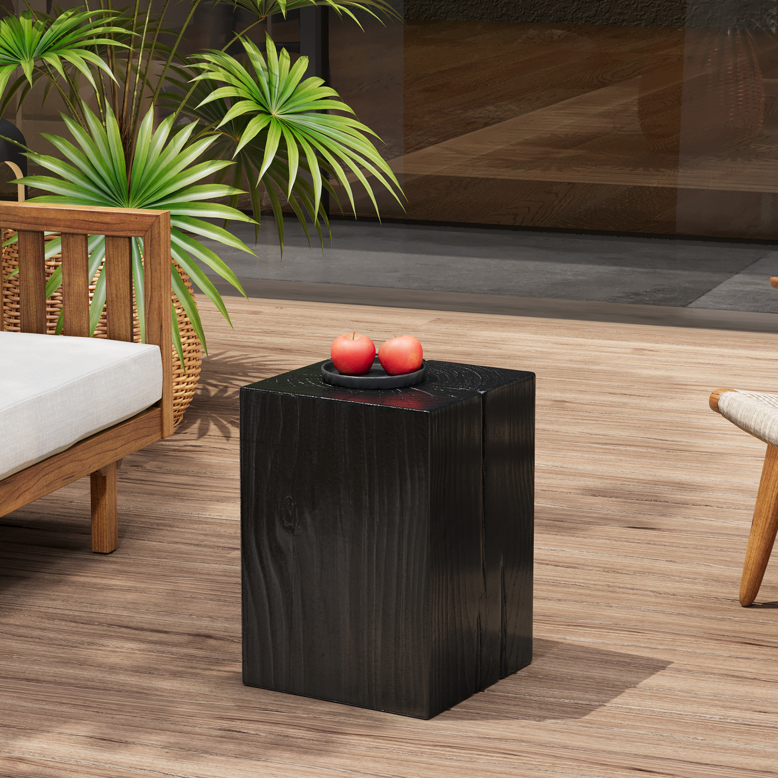 Wood-Look Square-Column MGO End Table, H18 ,Wood-Like Distressed Finish, Mix With Different Heights, Indoor Outdoor Use,Black Color