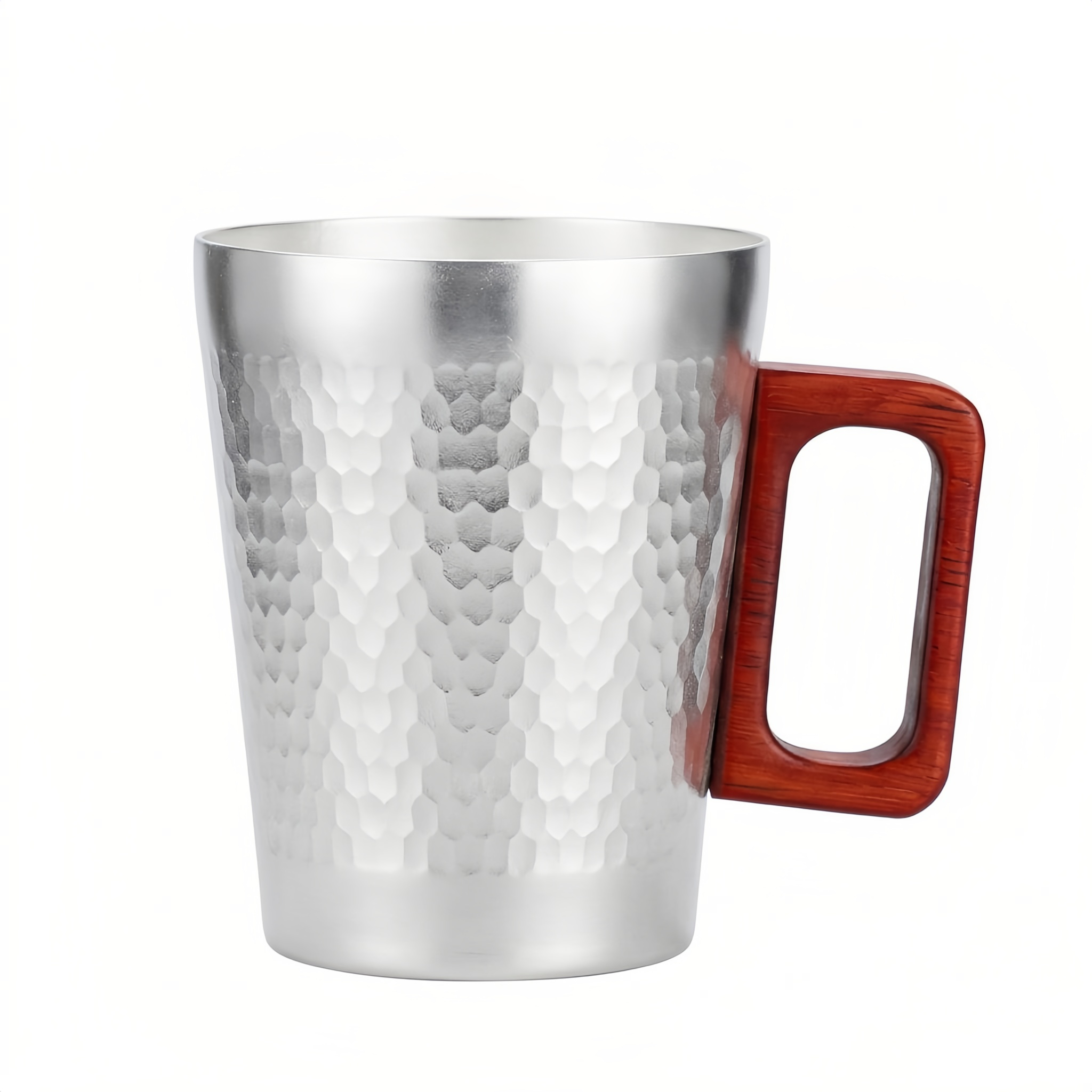 Pure 999 Fine Silver Modern Hammered Metal Coffee Mug with Rectangular Wooden Handle - Handicraft
