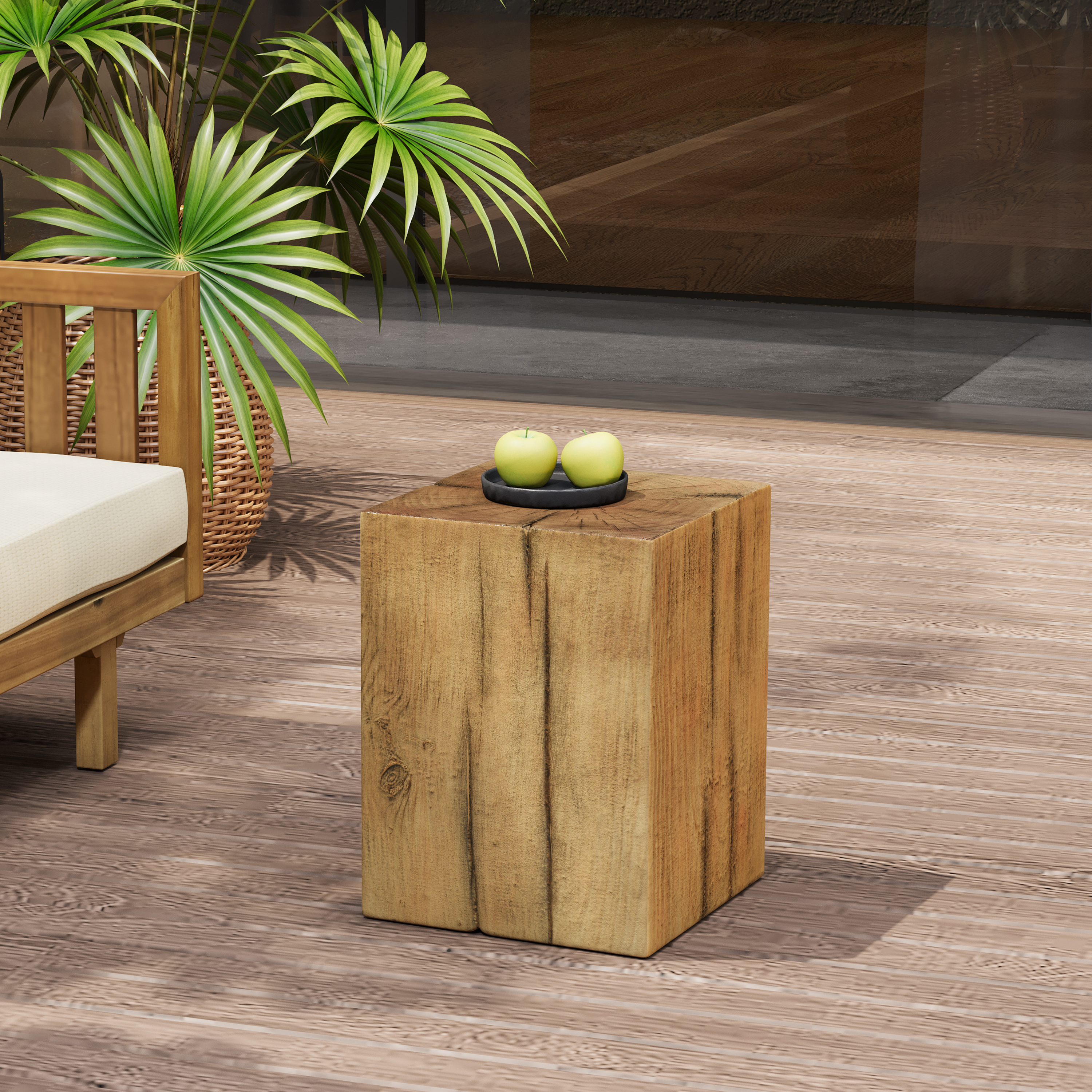 Wood-Look Square-Column MGO End Table, H18 ,Wood-Like Distressed Finish, Mix With Different Heights, Indoor Outdoor Use,Natural Color
