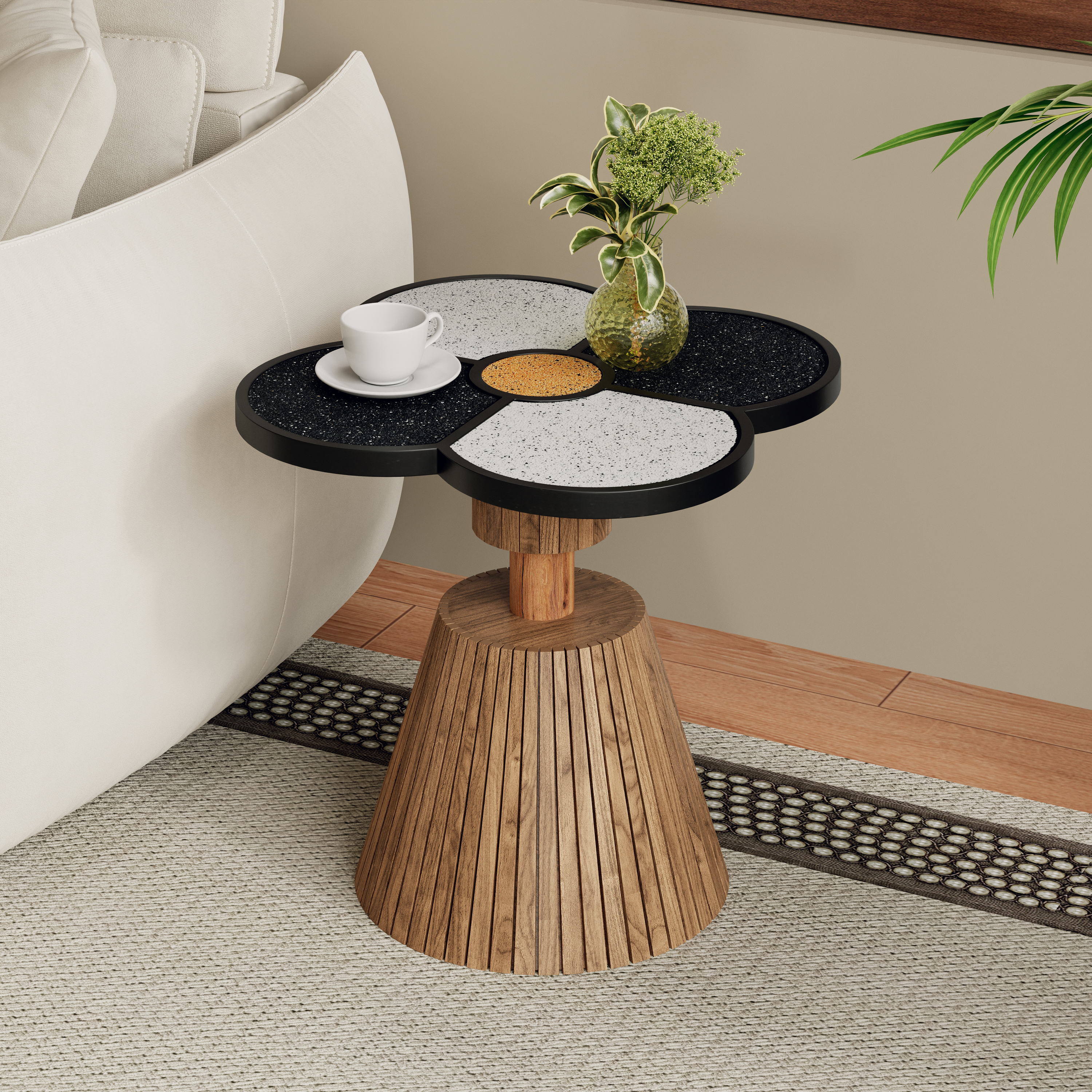 Unique Four Leaf Clover Side Table For Living Room, Bedroom & Small Spaces  Decorative Accent Table With Wood Grain Base