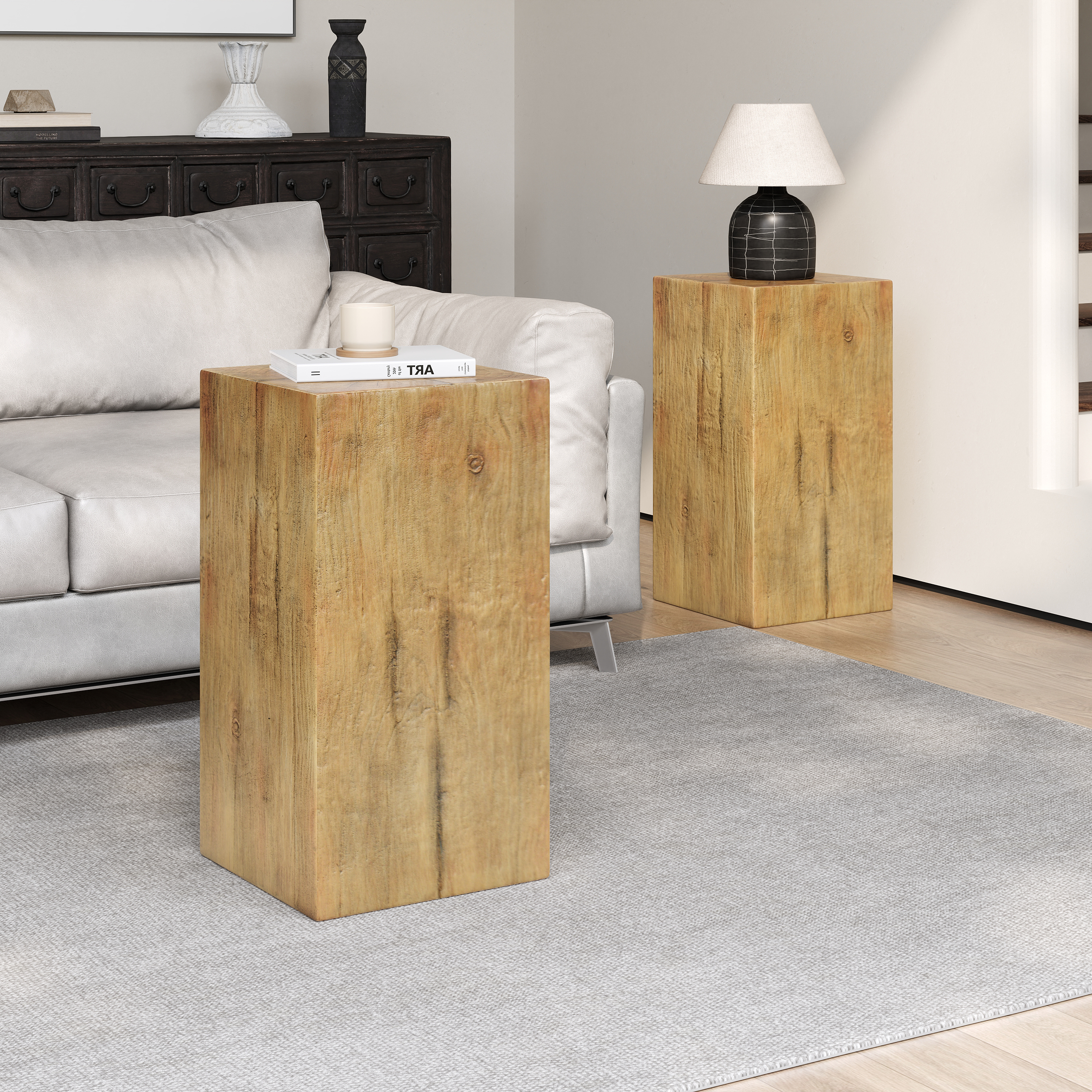 Wood-Look Square-Column MGO End Table,  H27.75 ,Wood-Like Distressed Finish, Mix With Different Heights, Indoor Outdoor Use,Natural Color