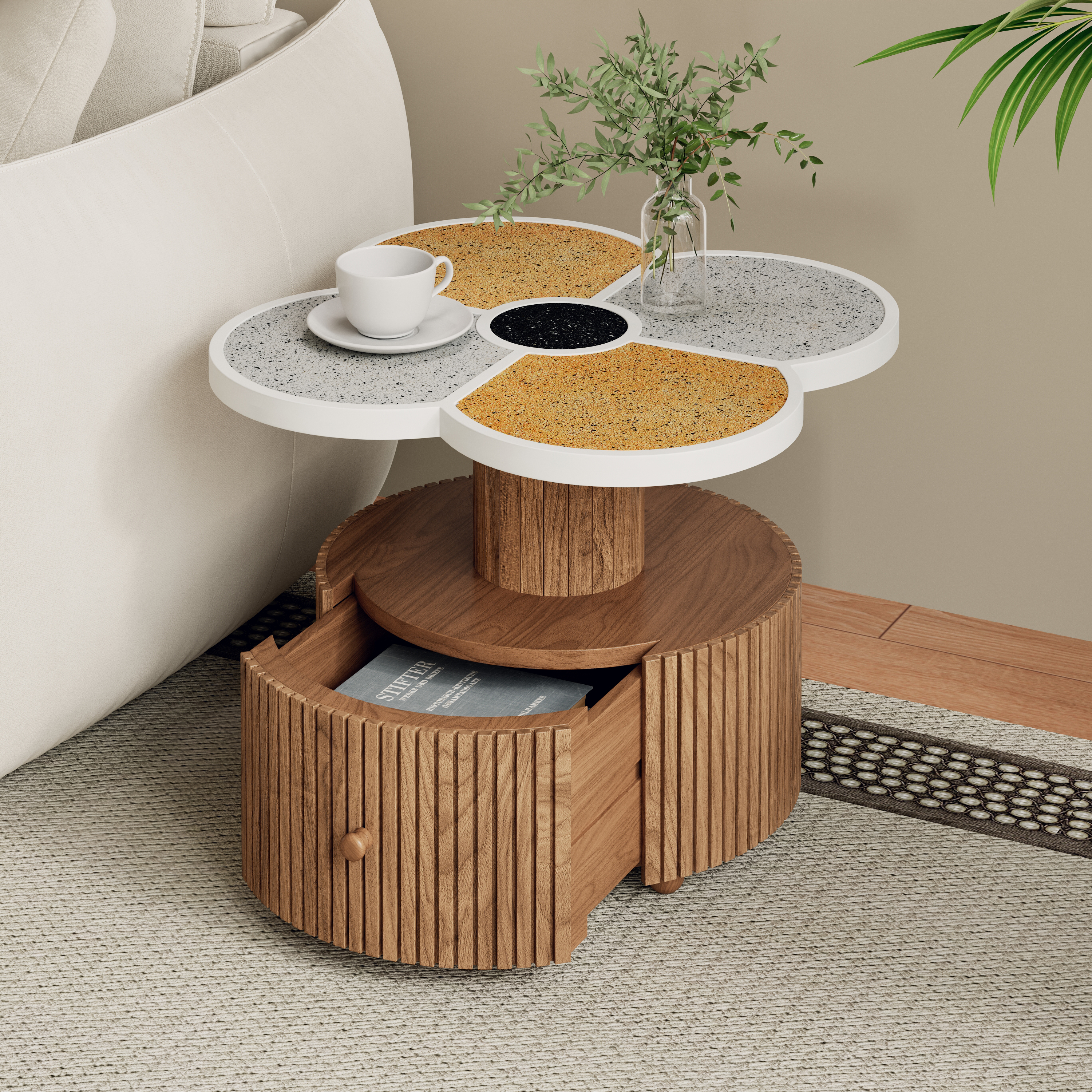 Unique Four-Leaf Clover Side Table For Living Room, Bedroom & Small Spaces -Accent Table With Wood-Grain Base With Storage Function