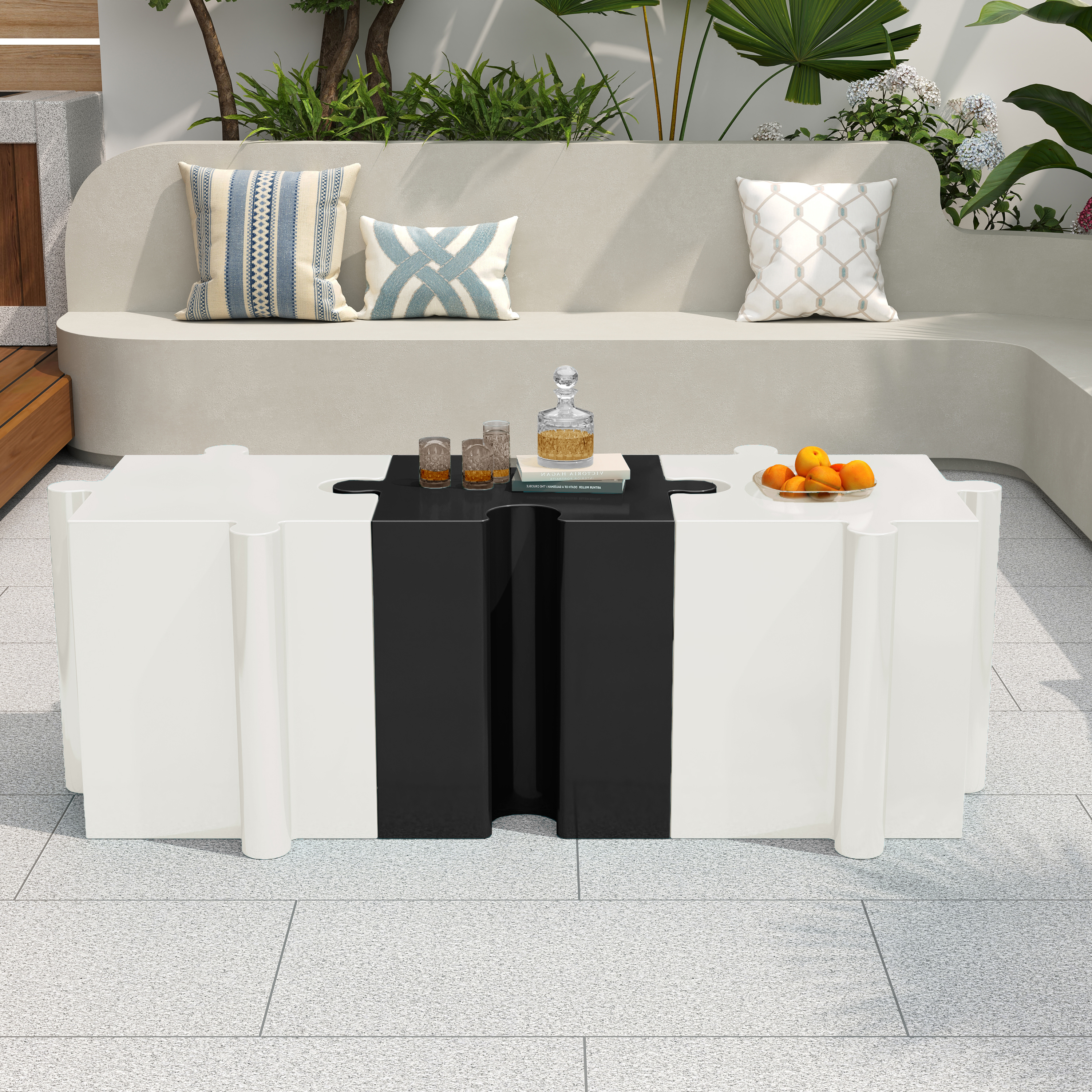 Artistic Puzzle Table Set Modular Interlocking Side Tables Black White_voghion.com