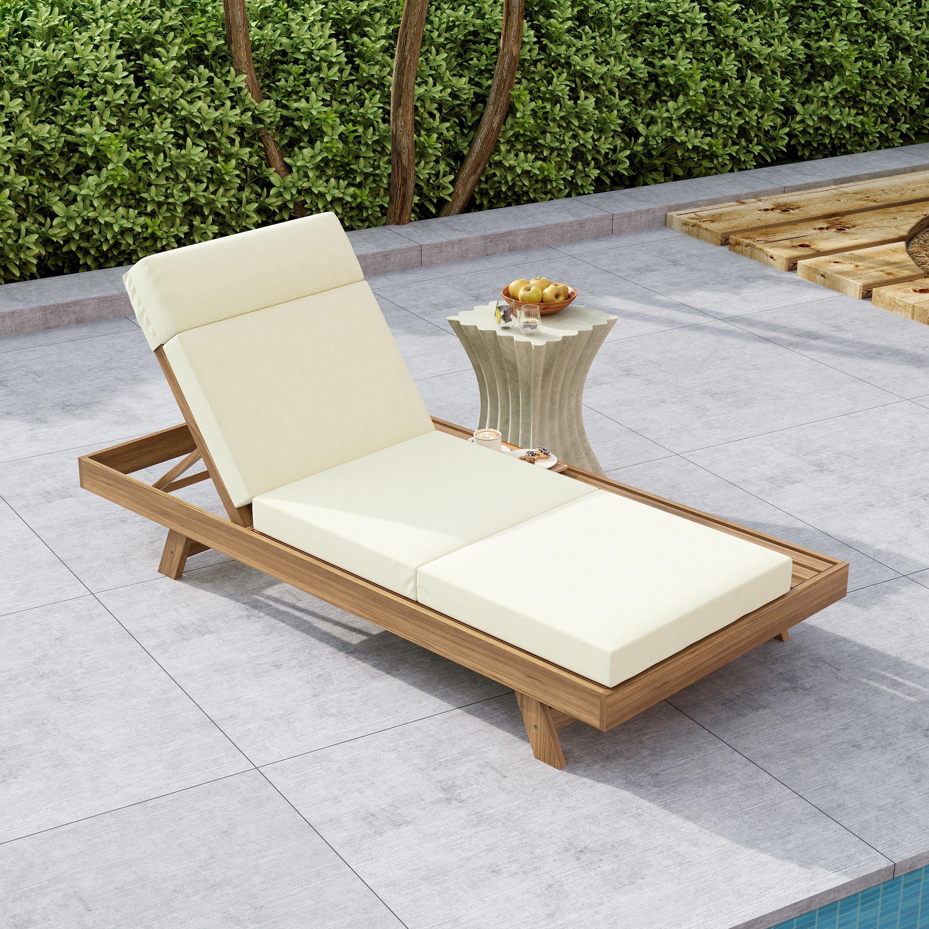 Lounge Chaise Set With Headrest, Space Available On One Side, Acacia Wood In Light Brown With Water-Resistant Lounge Cushions  Beige & 3-Fold & 4 Inch  -Matching Dark Grey Cream Version Available