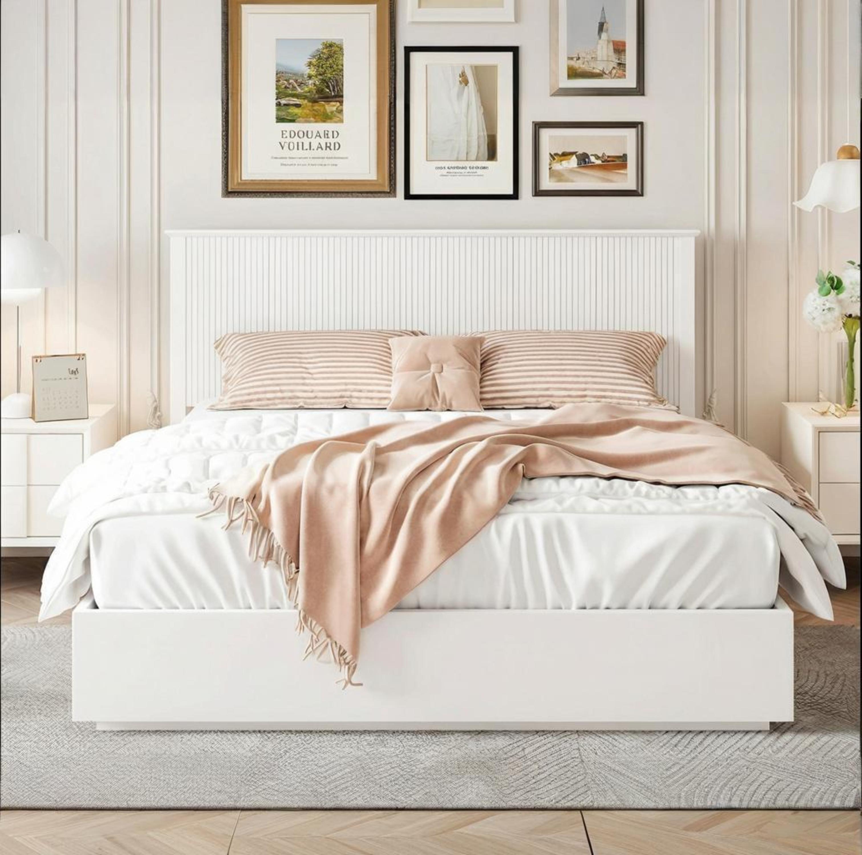 Stylish King Size Bed Frame - White Solid Wood King Bed, 600lbs Weight Limit, Compatible With 8 - 10  Mattress, Contemporary Bedroom Furniture