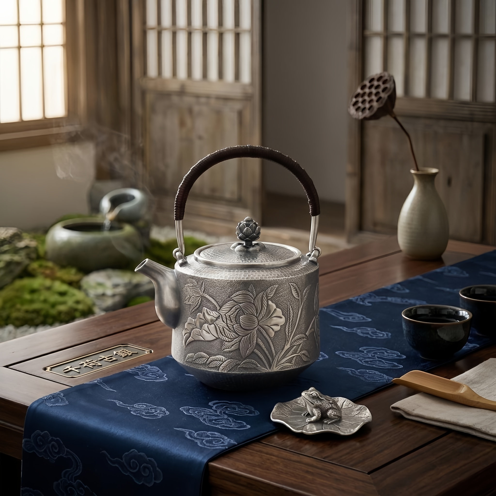 Pure 999 Fine Silver Elegant  Teapot with Handcrafted Floral Engraving, Hammered Texture, and Lotus Lid-Fine Teapot with Handle - Handicraft