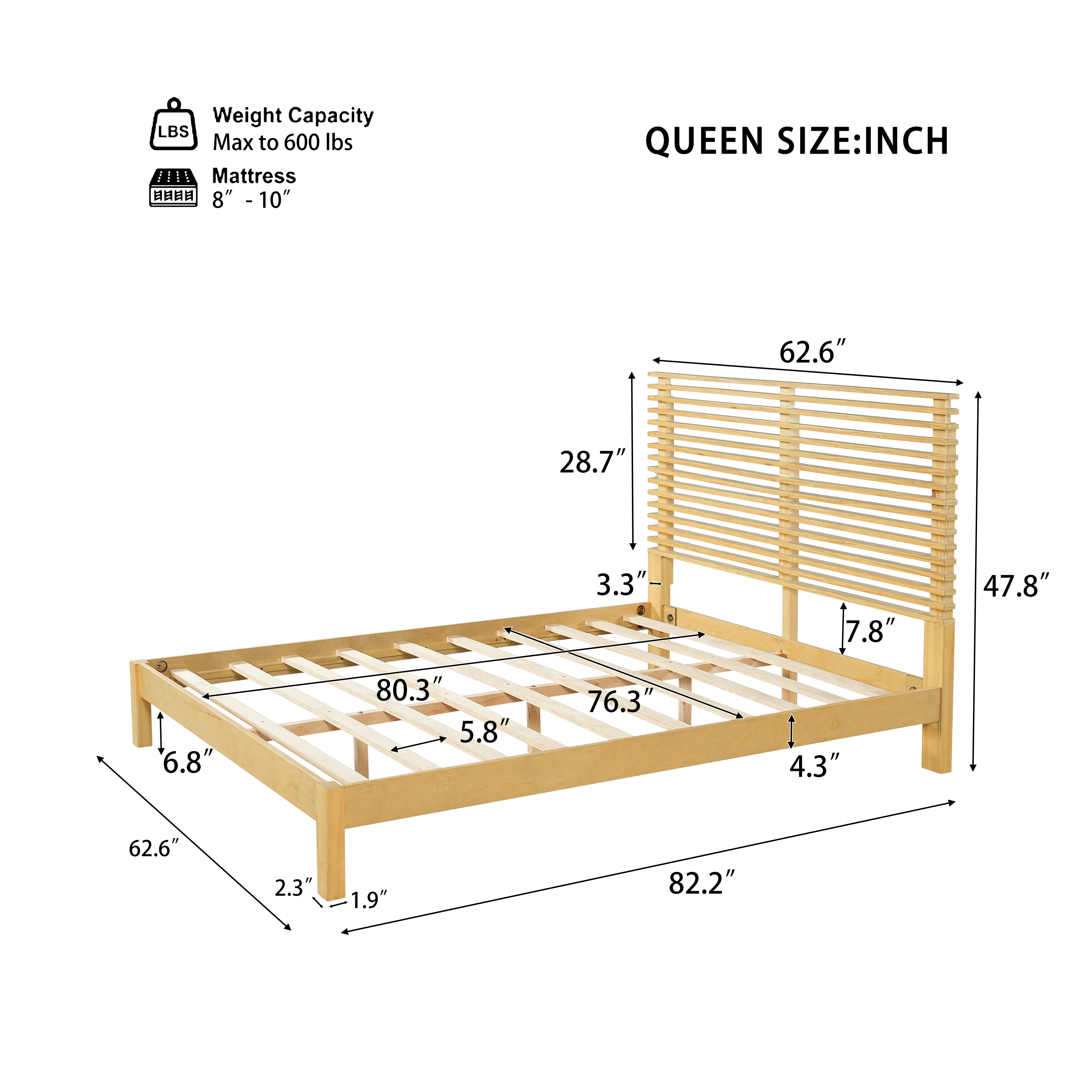 Premium Solid Wood Queen Size Platform Bed Frame With Horizontal Slat Headboard, Modern Natural Wood Bedroom Furniture, 600 Lbs Weight Capacity,No Box Spring Needed, Fits All Mattresses
