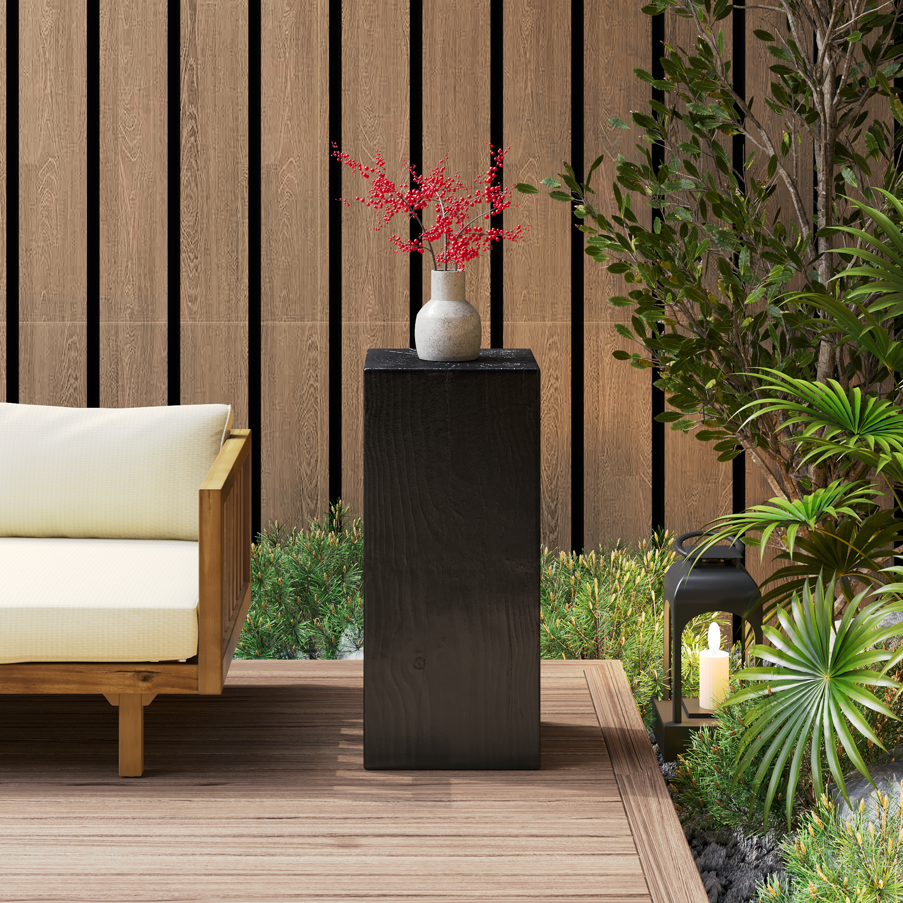 Wood-Look Square-Column MGO End Table,  H33.75 ,Wood-Like Distressed Finish, Mix With Different Heights, Indoor Outdoor Use,Black Color