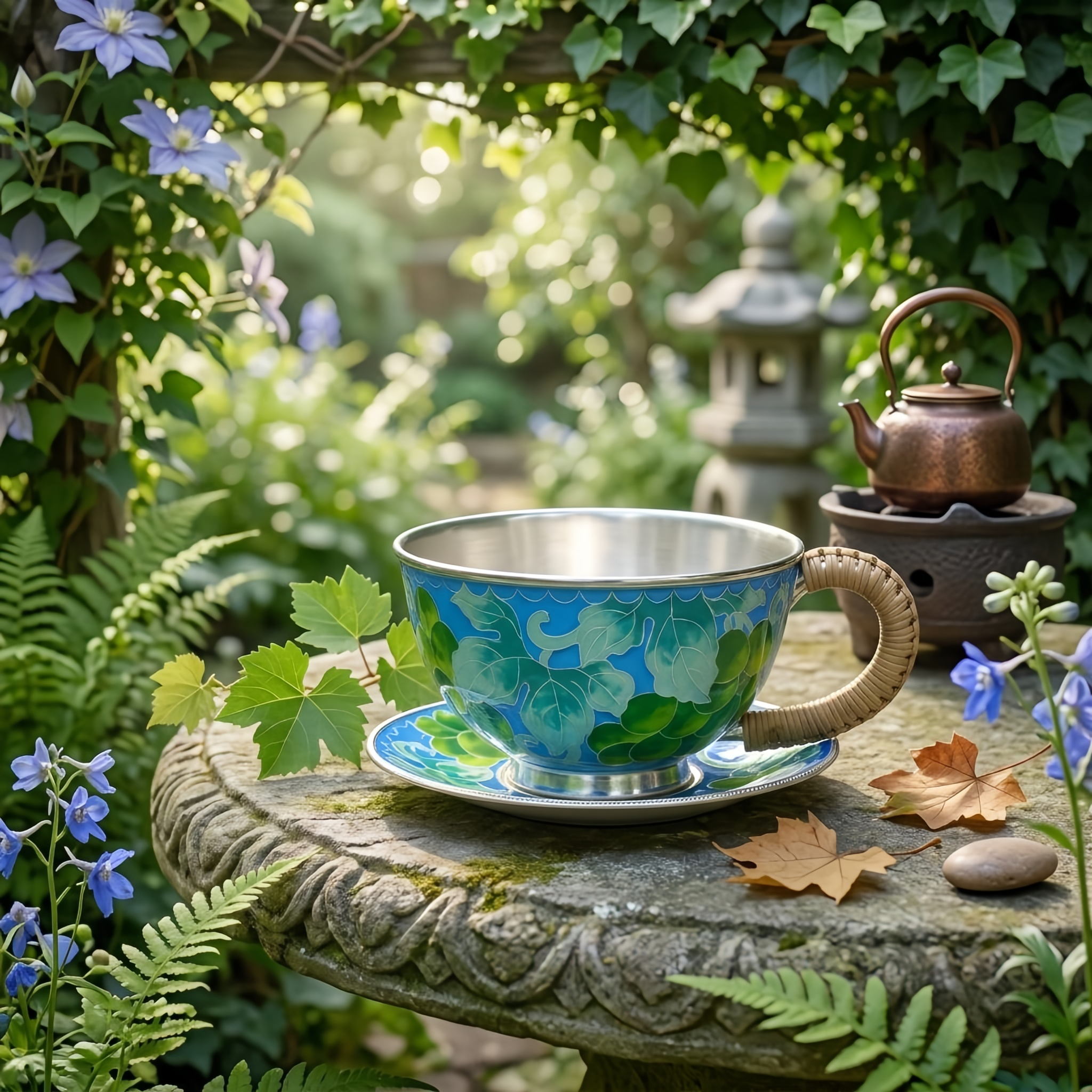 Pure 999 Fine Silver Handcrafted Silver Lined Blue Floral Cloisonné Tea Cup and Saucer Set with Rattan Wrapped Handle - Handicraft