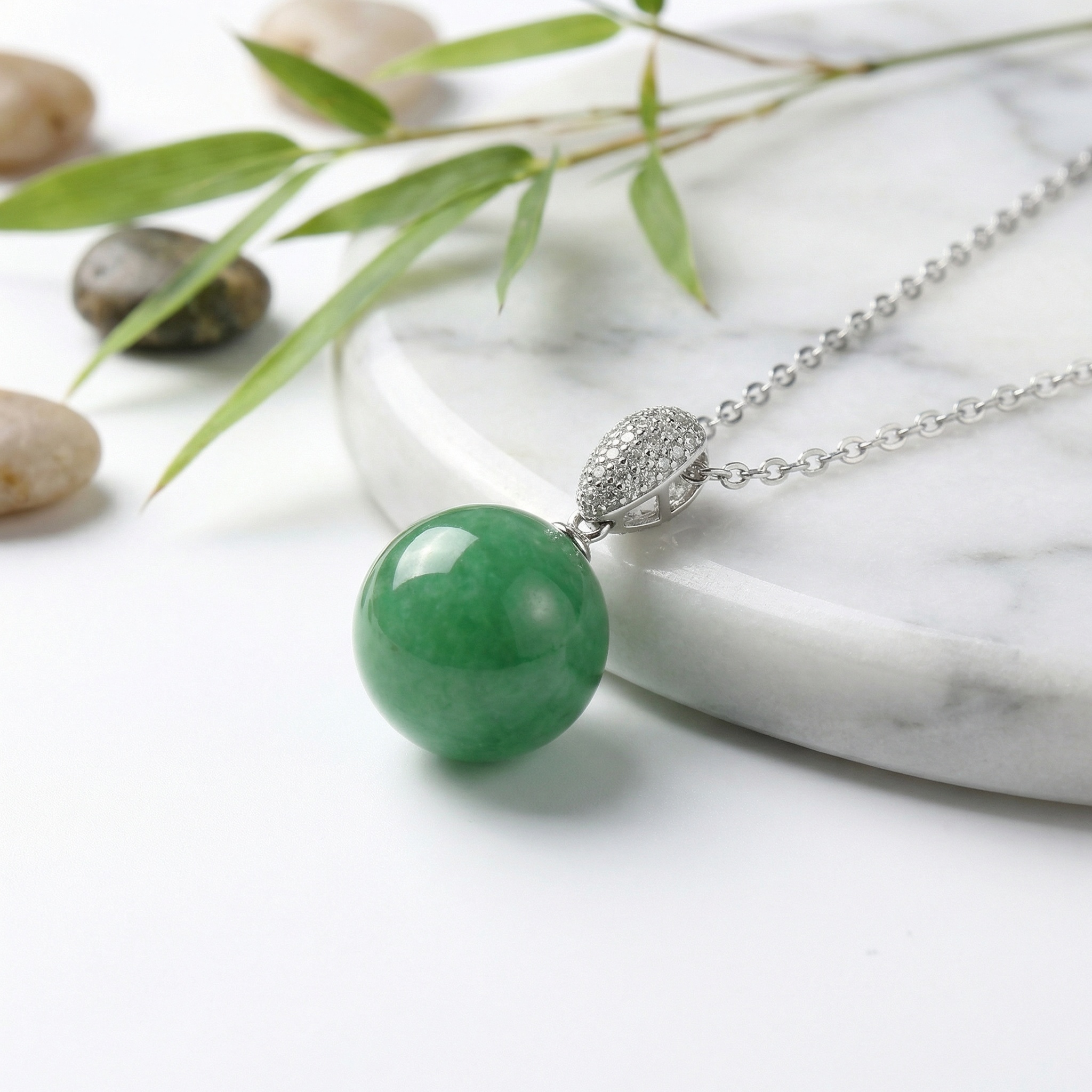 925 Sterling Silver Elegant Green Jade Sphere Pendant Necklace with Shimmering CZ-Set Bail on Fine White Metal Chain