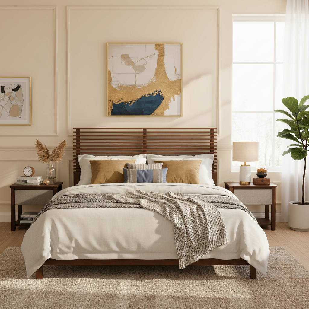Premium Solid Wood King Size Bed Frame With Headboard, -Walnut Color, 600lbs Capacity, For Modern Bedroom,No Box Spring Needed, Fits All Mattresses