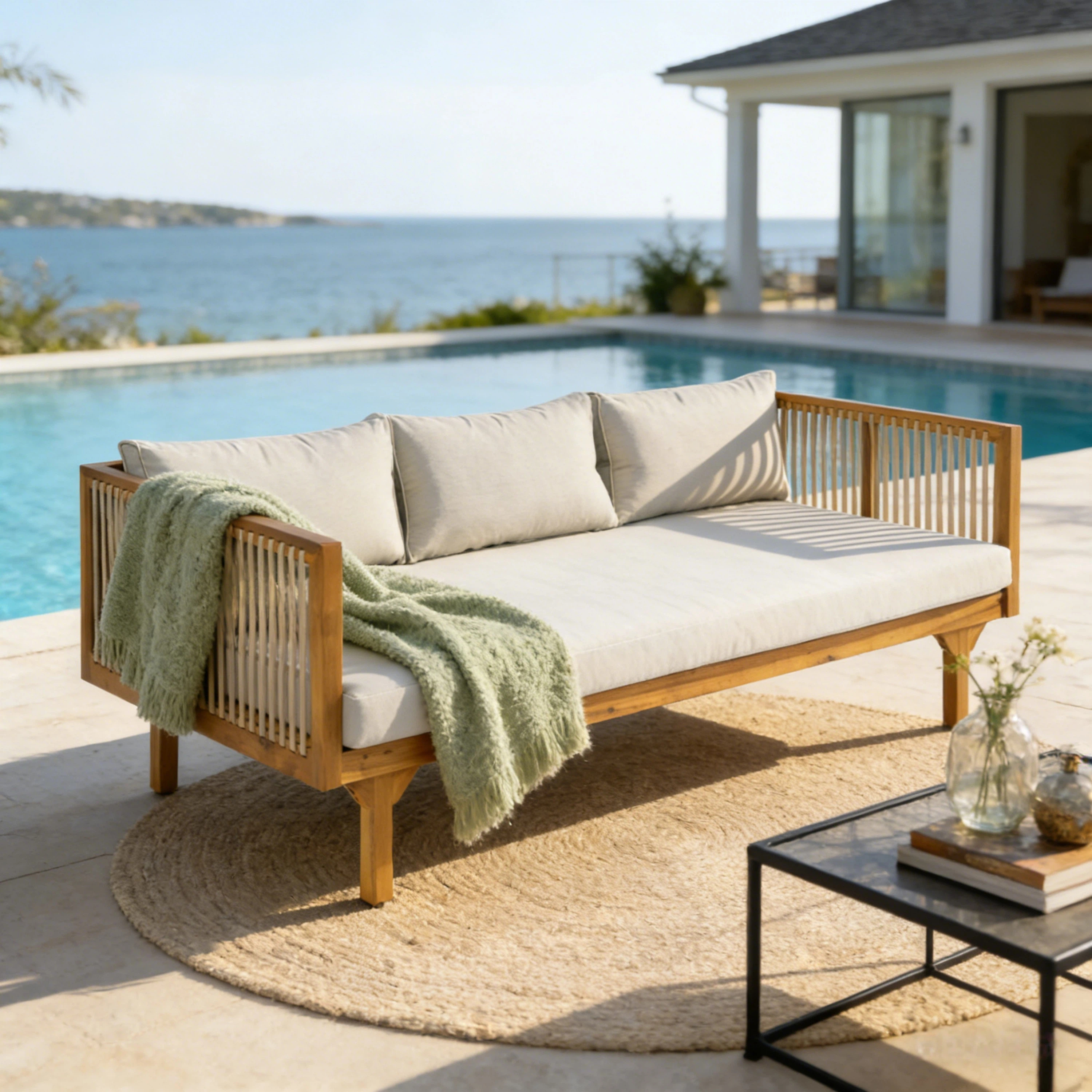 Outdoor Patio Sofa With Light Gray Cushion & Light Brown Rope, Acacia Wood Teak Finish, Water Resistant Fabric, 600 Lbs Capacity, For Garden, Deck, Or Backyard