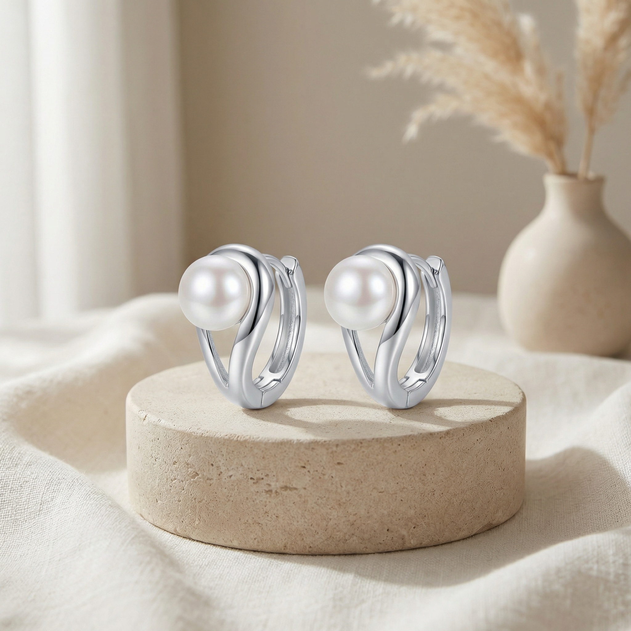 925 Sterling Silver Elegant Silver Swirl Pearl Huggie Hoop Earrings 